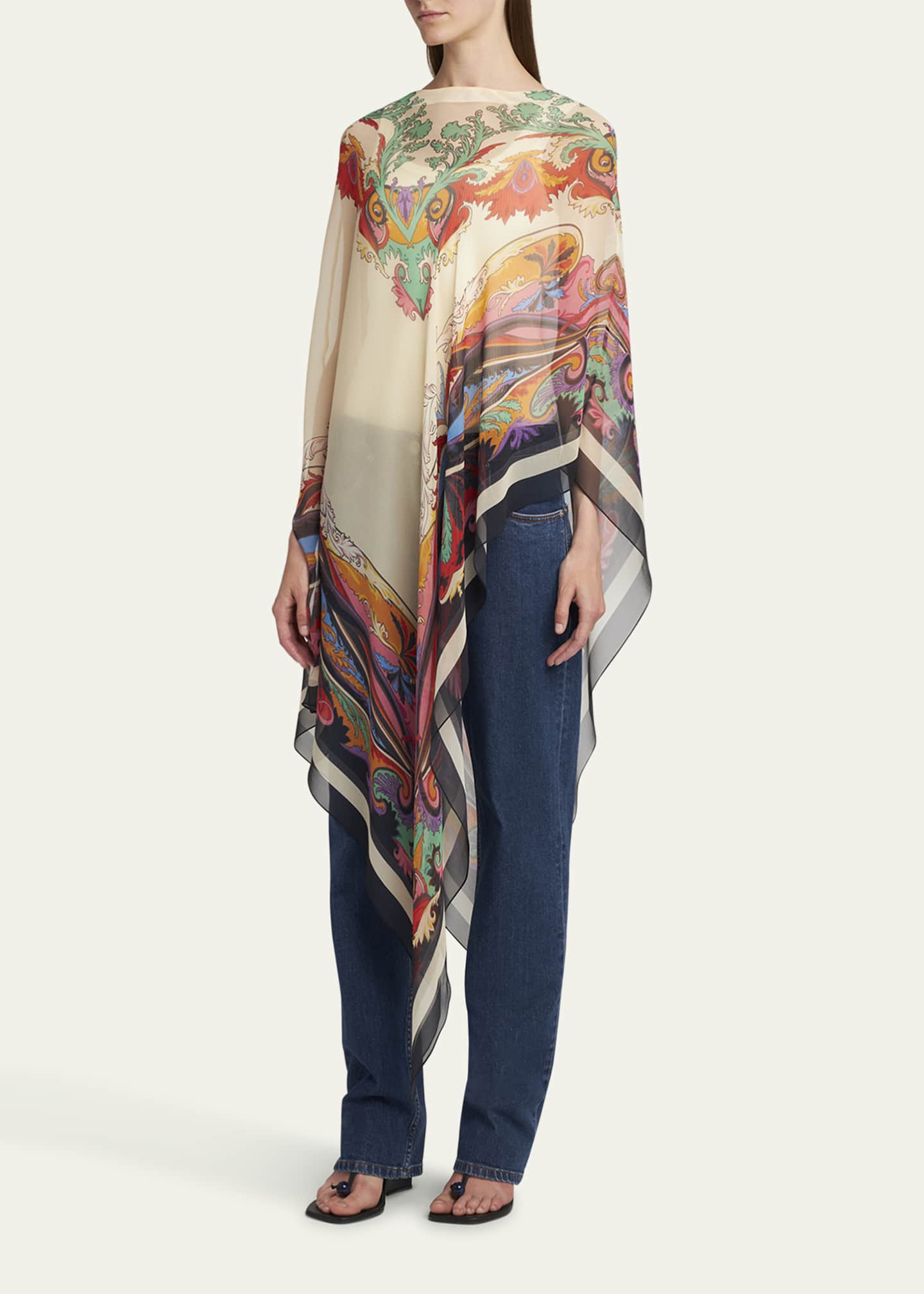 Etro Asymmetrical Paisley-Print Long Poncho Image 4 of 5