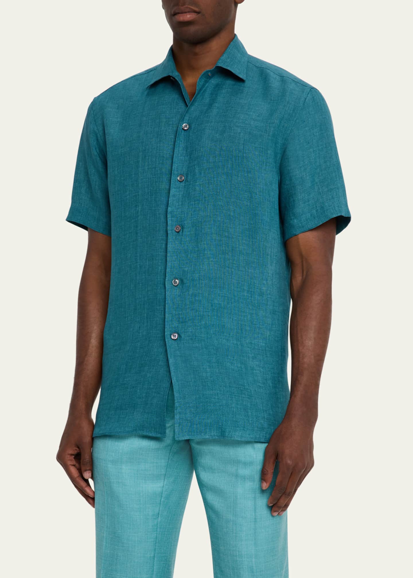 Brioni Men's Linen Short-Sleeve Shirt Image 4 of 5