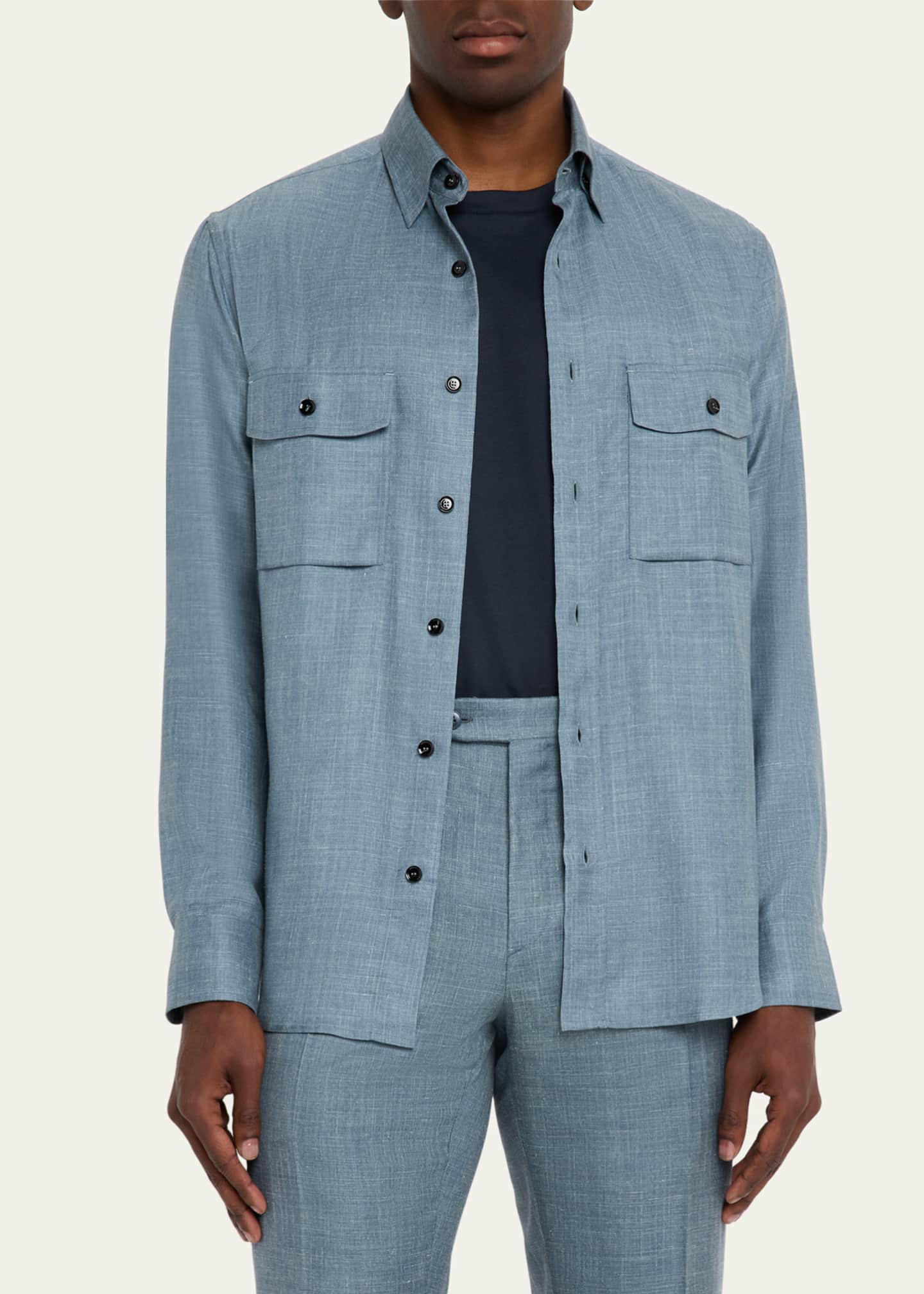 【関税込み】BRIONI MILITARY SHIRT Brioni Men's Silk, Cashmere and Linen Military Shirt