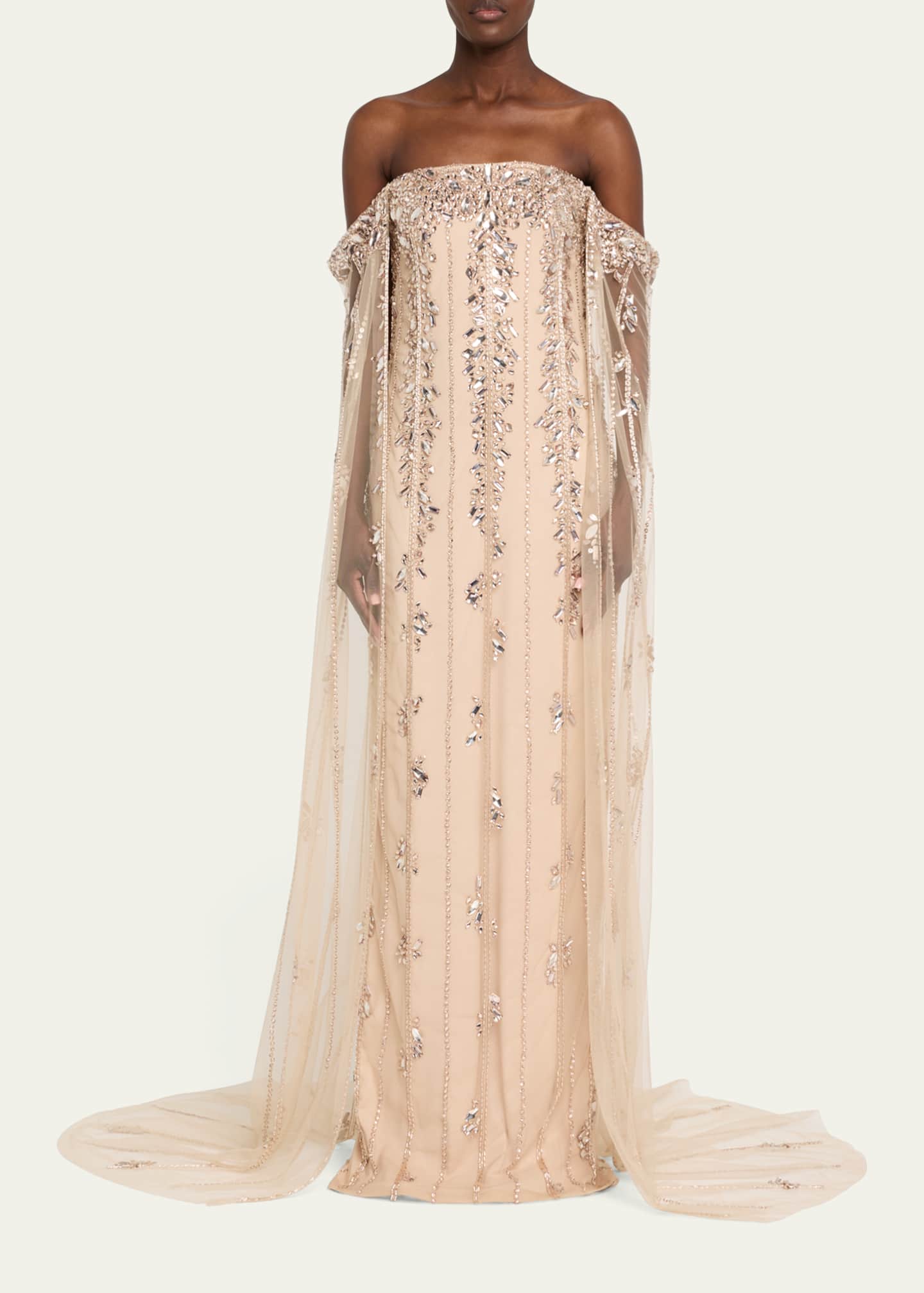 Crystal Tulle Strapless Gown with Detachable Cape