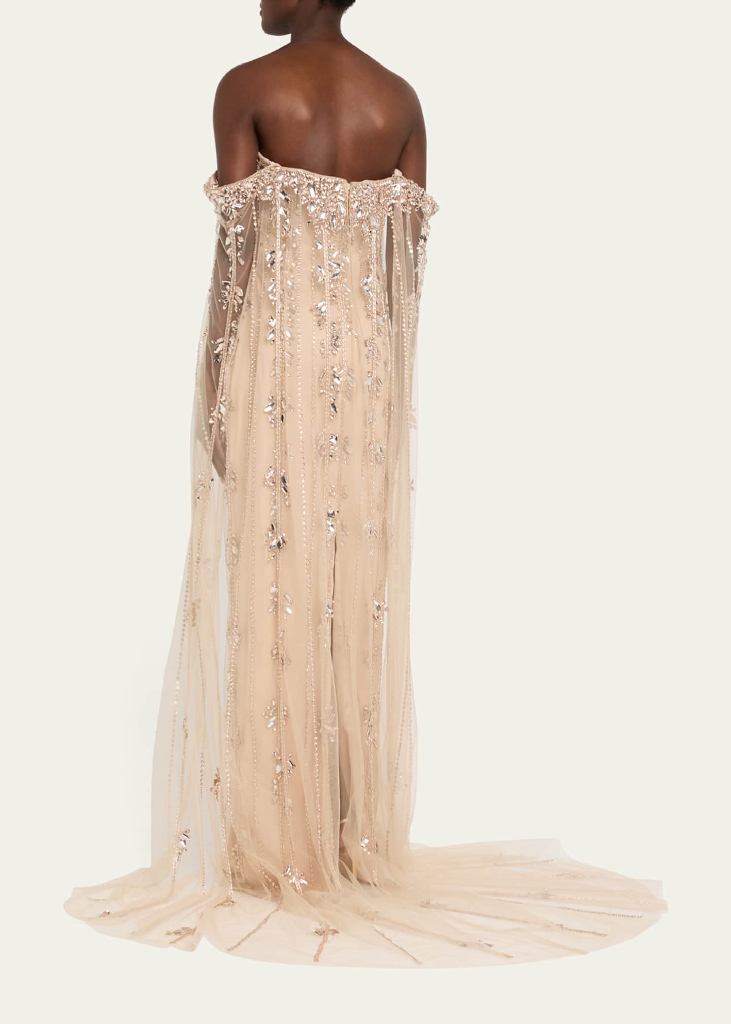 Crystal Tulle Strapless Gown with Detachable Cape