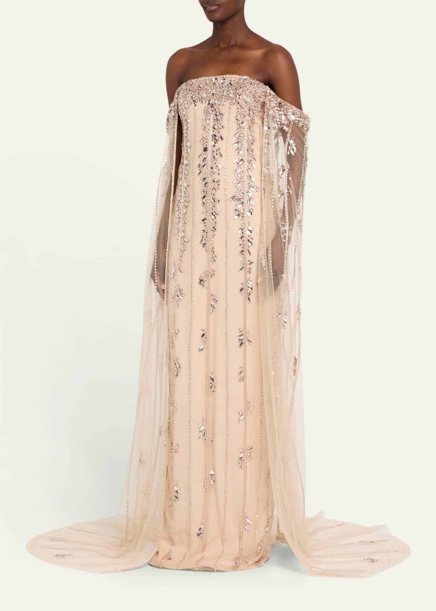 Crystal Tulle Strapless Gown with Detachable Cape