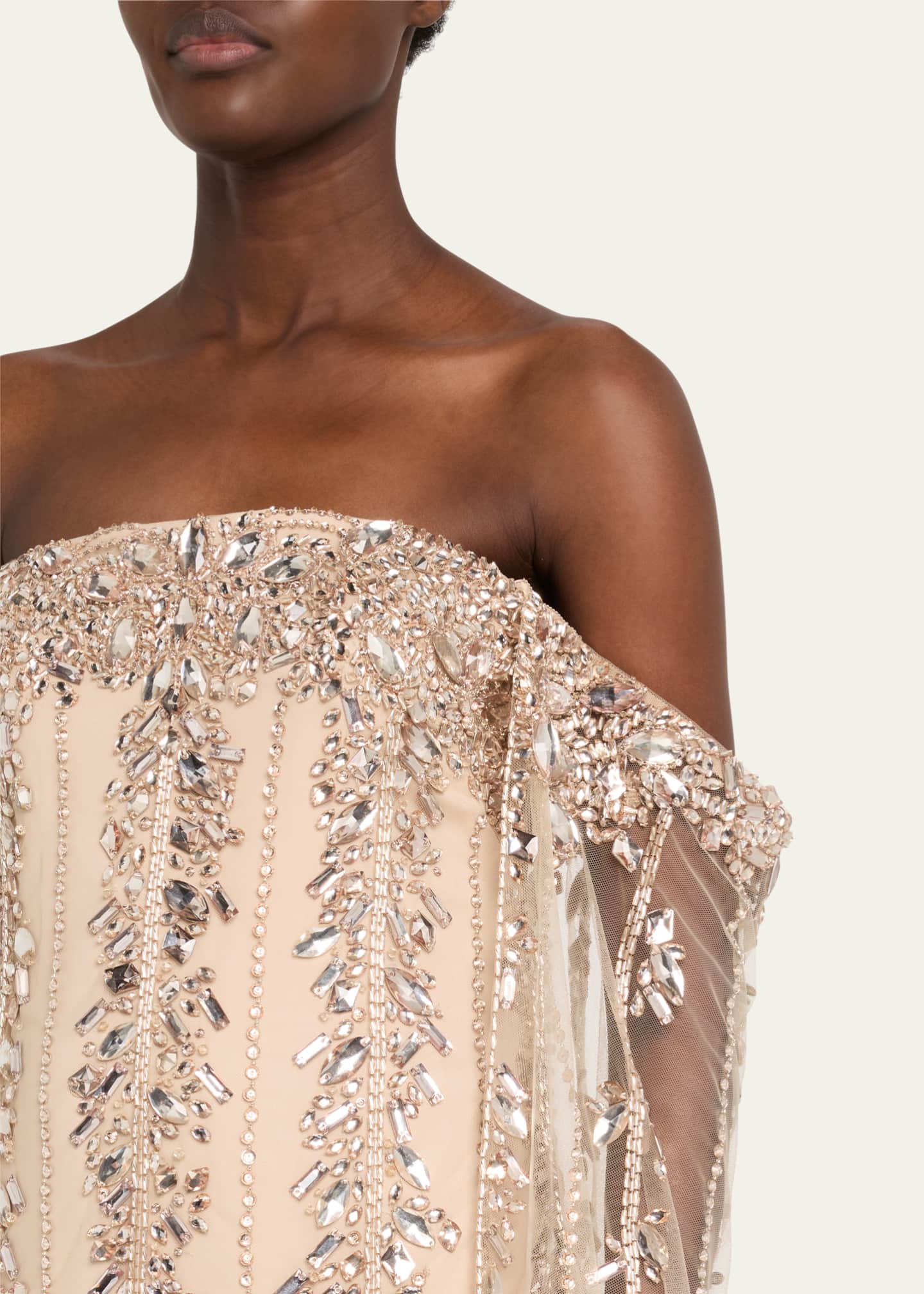 Crystal Tulle Strapless Gown with Detachable Cape