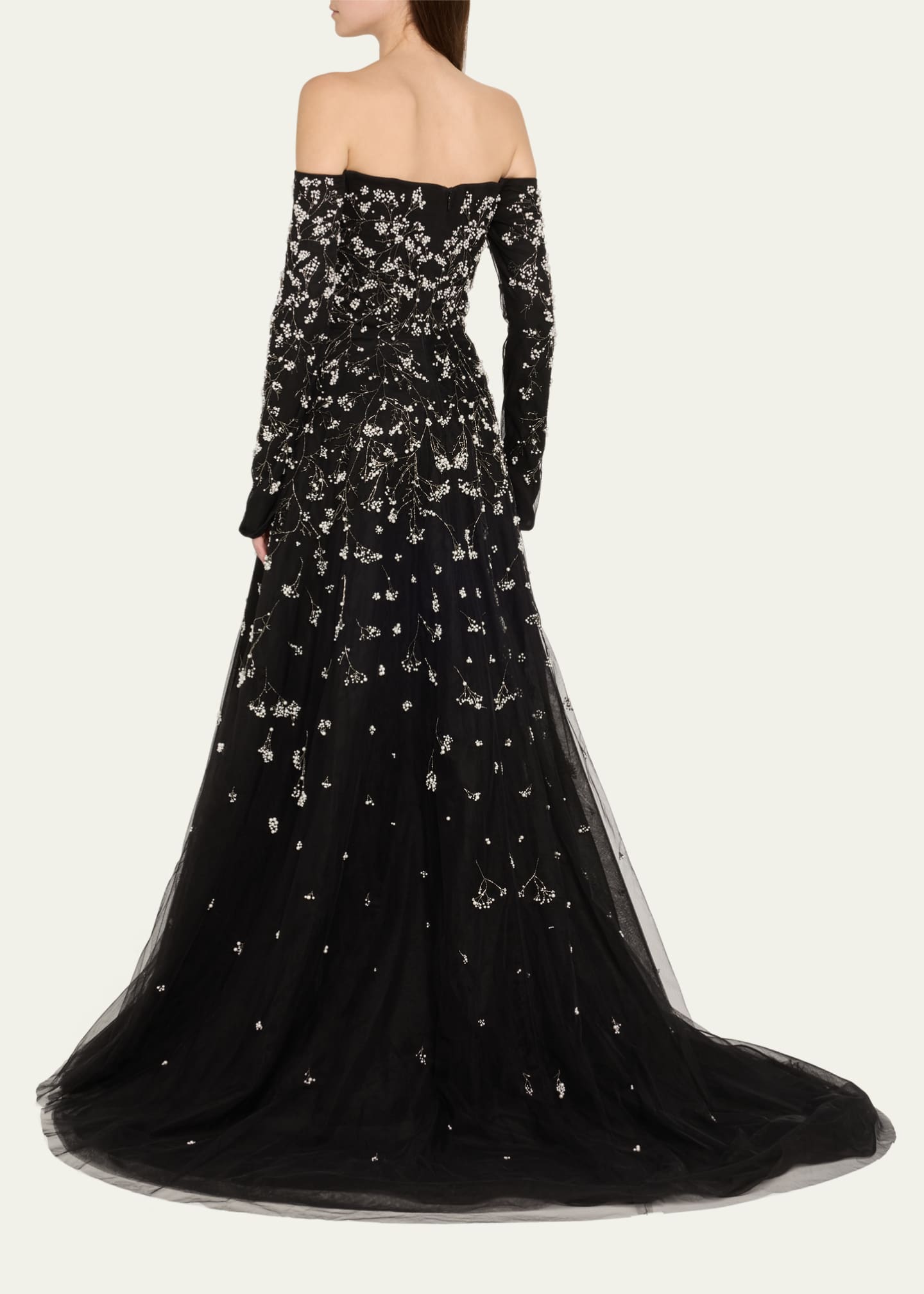 Pamella Roland Beaded Pearly Off-the-Shoulder Tulle Gown Image 3 of 5