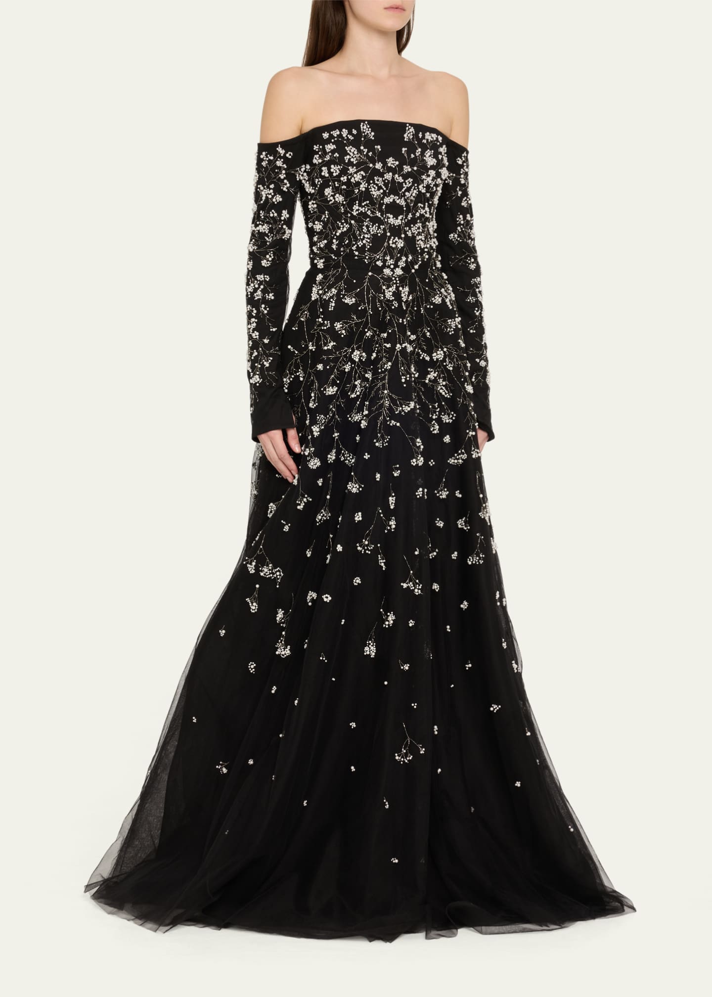 Pamella Roland Beaded Pearly Off-the-Shoulder Tulle Gown Image 4 of 5