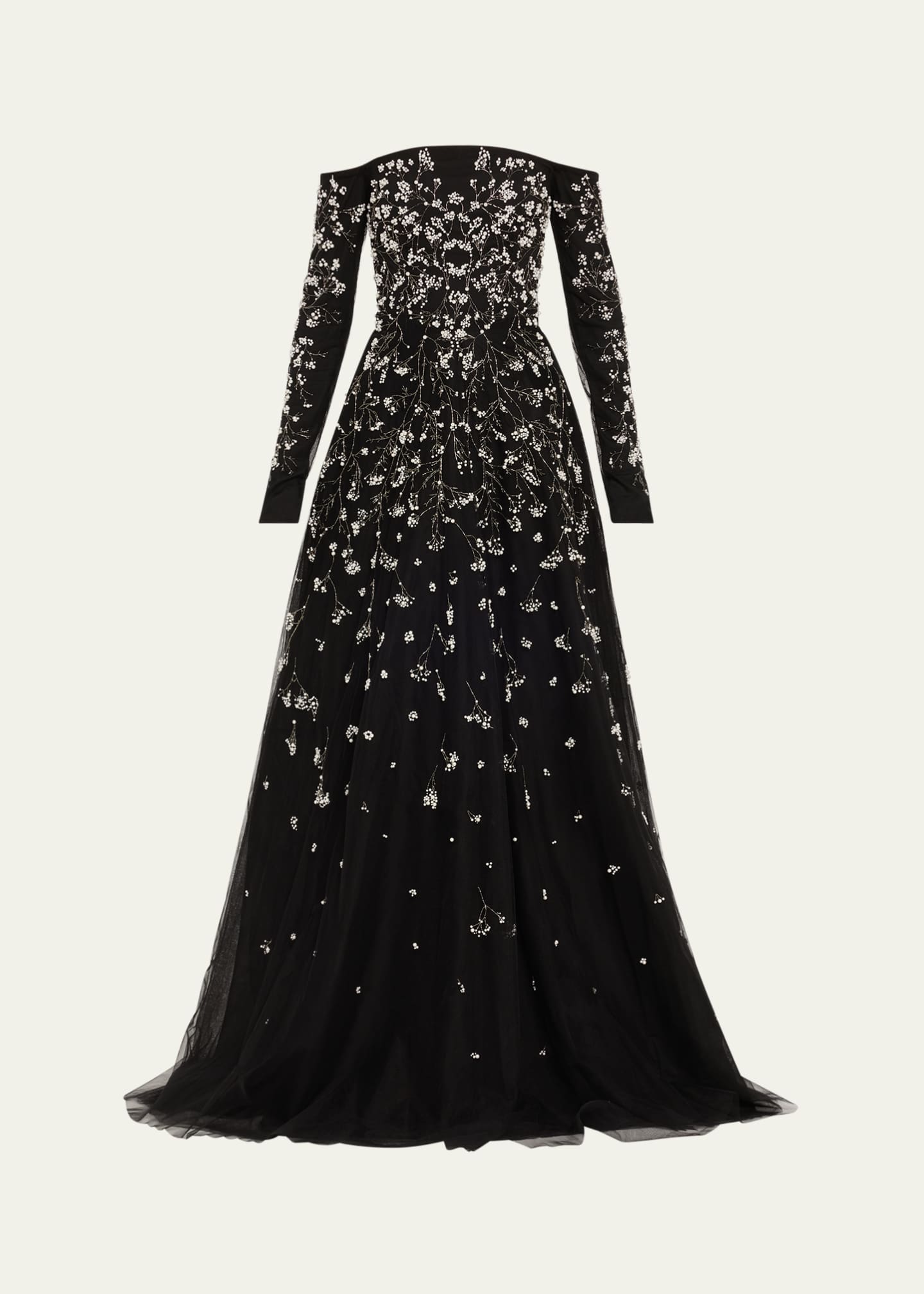 Pamella Roland Beaded Pearly Off-the-Shoulder Tulle Gown Image 1 of 5