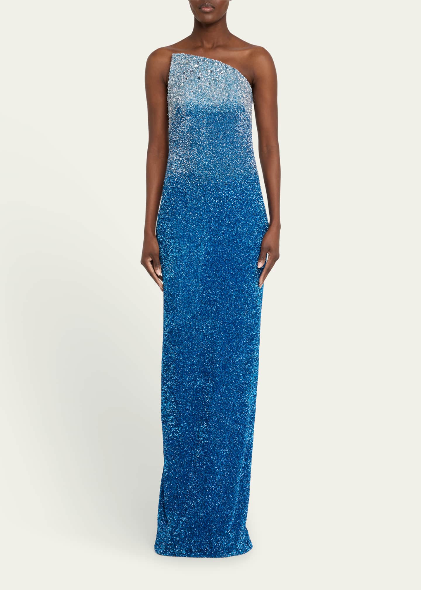Pamella Roland Asymmetric Neckline Ombre Signature Sequined Gown Image 2 of 5