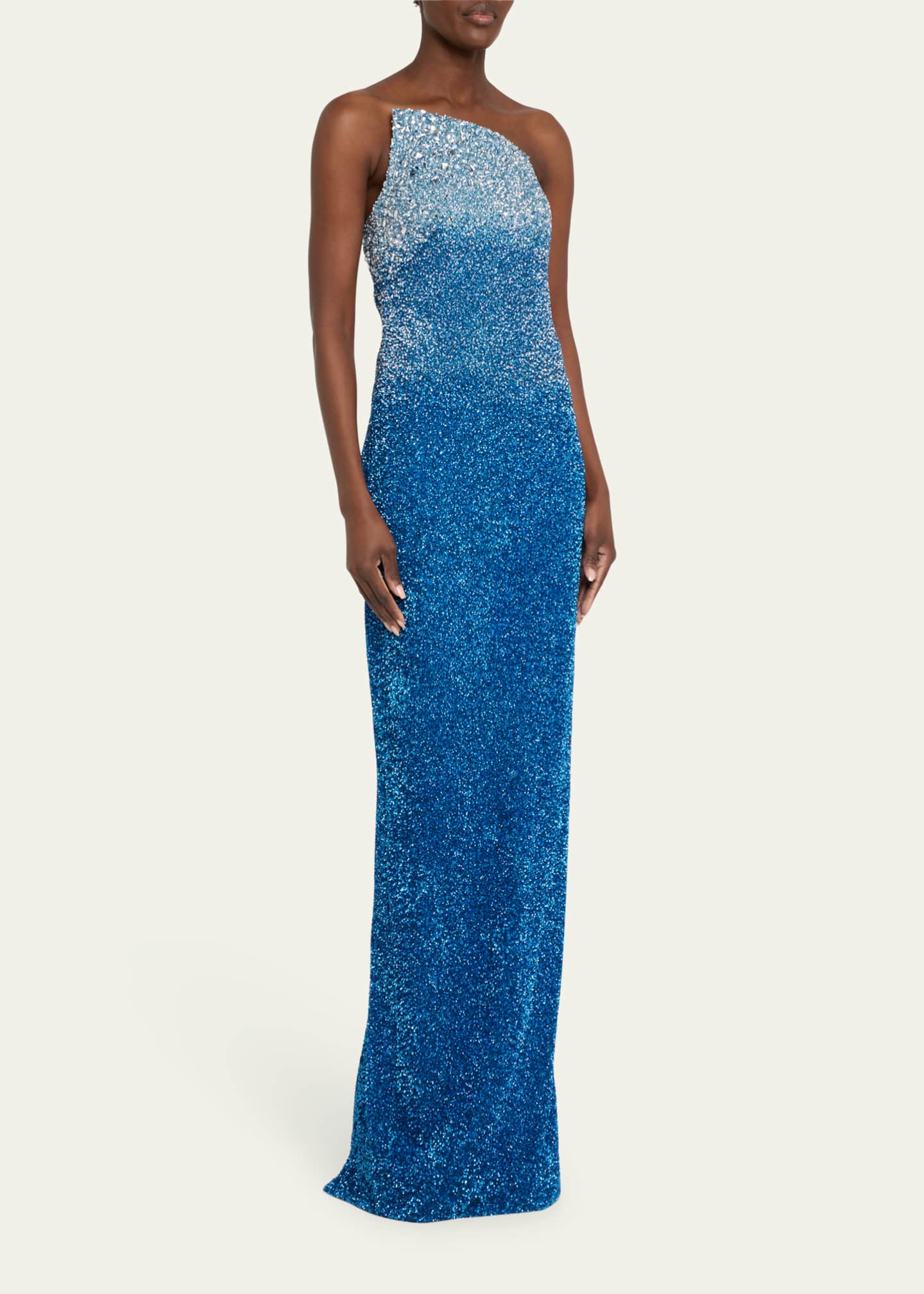 Pamella Roland Asymmetric Neckline Ombre Signature Sequined Gown Image 4 of 5