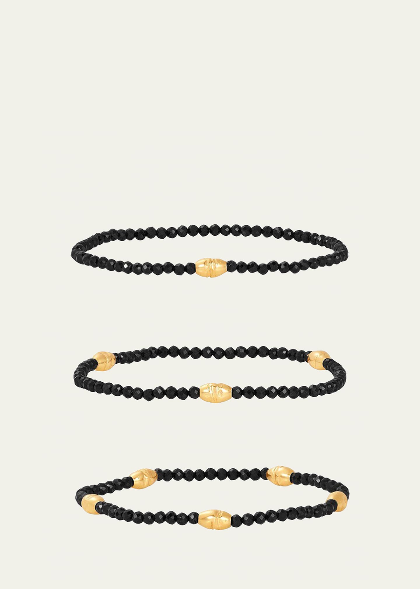 KAREN LAZAR 3mm Micro Faceted Black Spinel Stone and 14K Gold-Filled Textured Orzo Bead Bracelet Set
