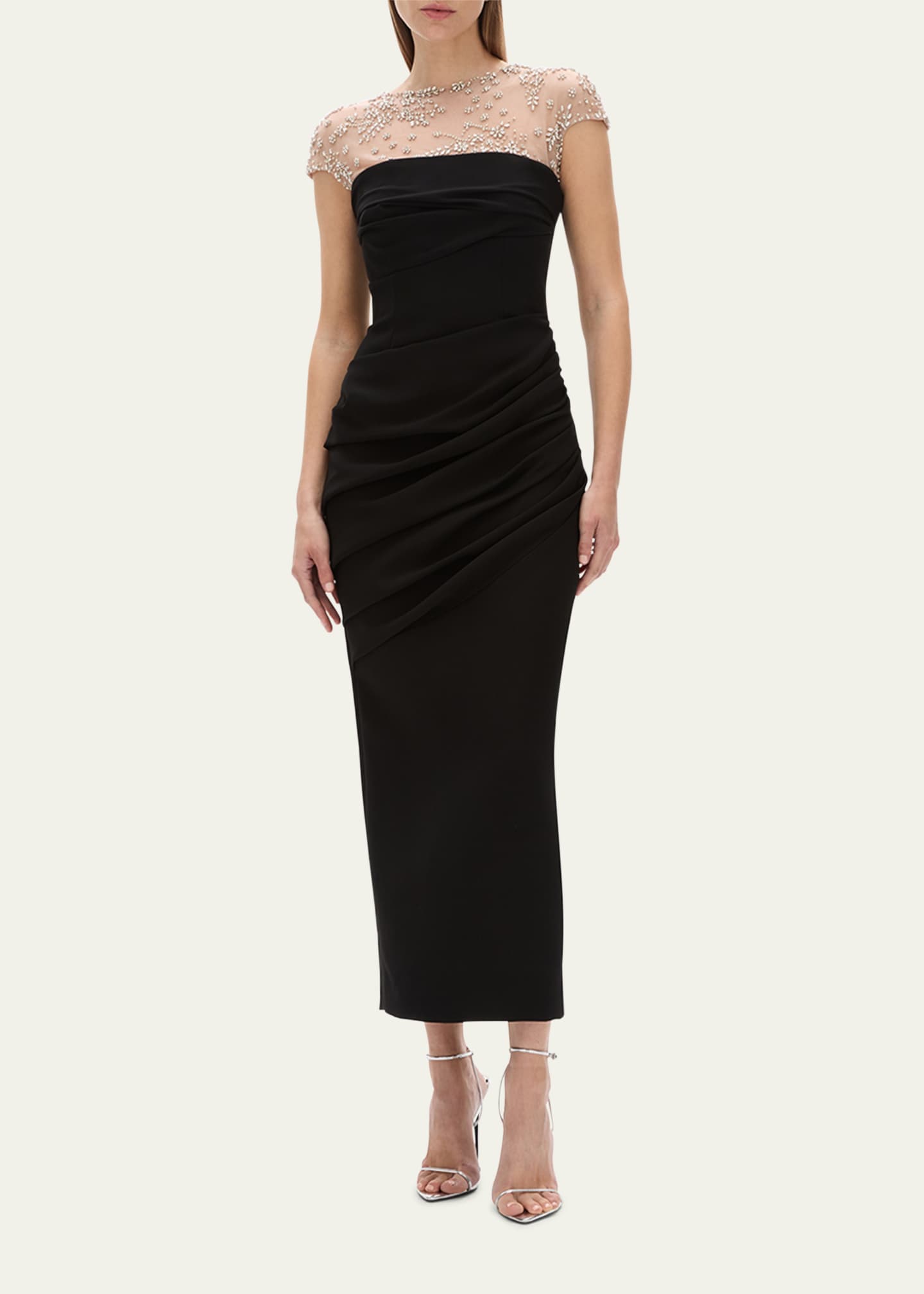 Rachel Gilbert Dottie Floral Crystal Sheer Draped Dress Image 2 of 5