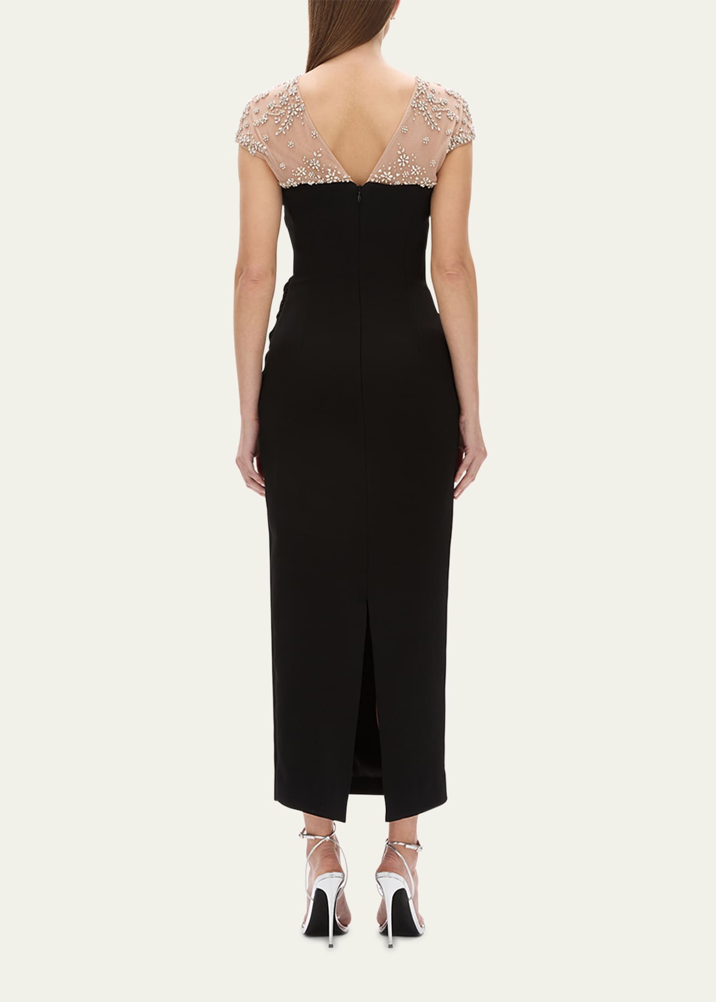 Rachel Gilbert Dottie Floral Crystal Sheer Draped Dress Image 3 of 5