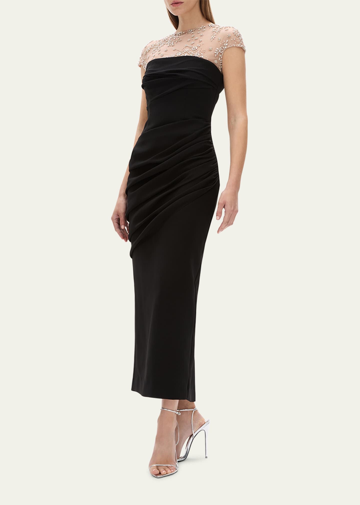 Rachel Gilbert Dottie Floral Crystal Sheer Draped Dress Image 4 of 5