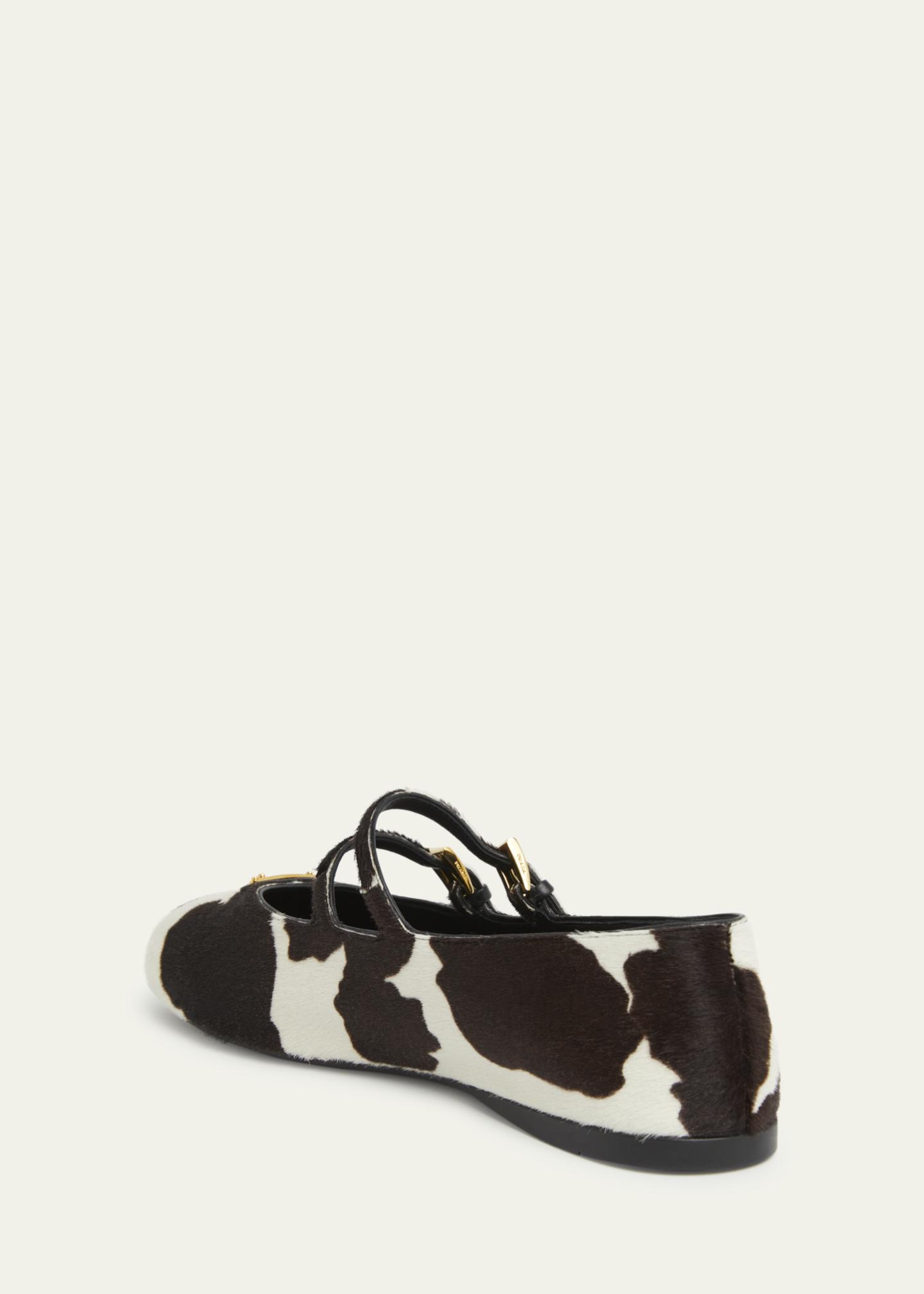 Prada Cow Hair Double Mary Jane Triangle Logo Ballerina Flats ...