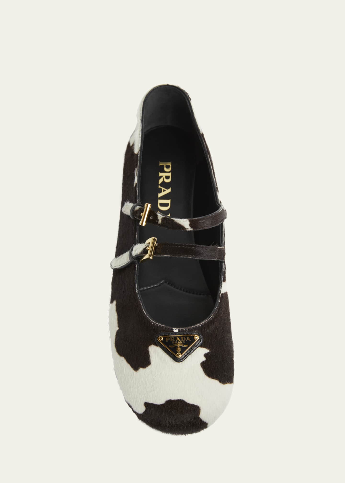 Prada Cow Hair Double Mary Jane Triangle Logo Ballerina Flats