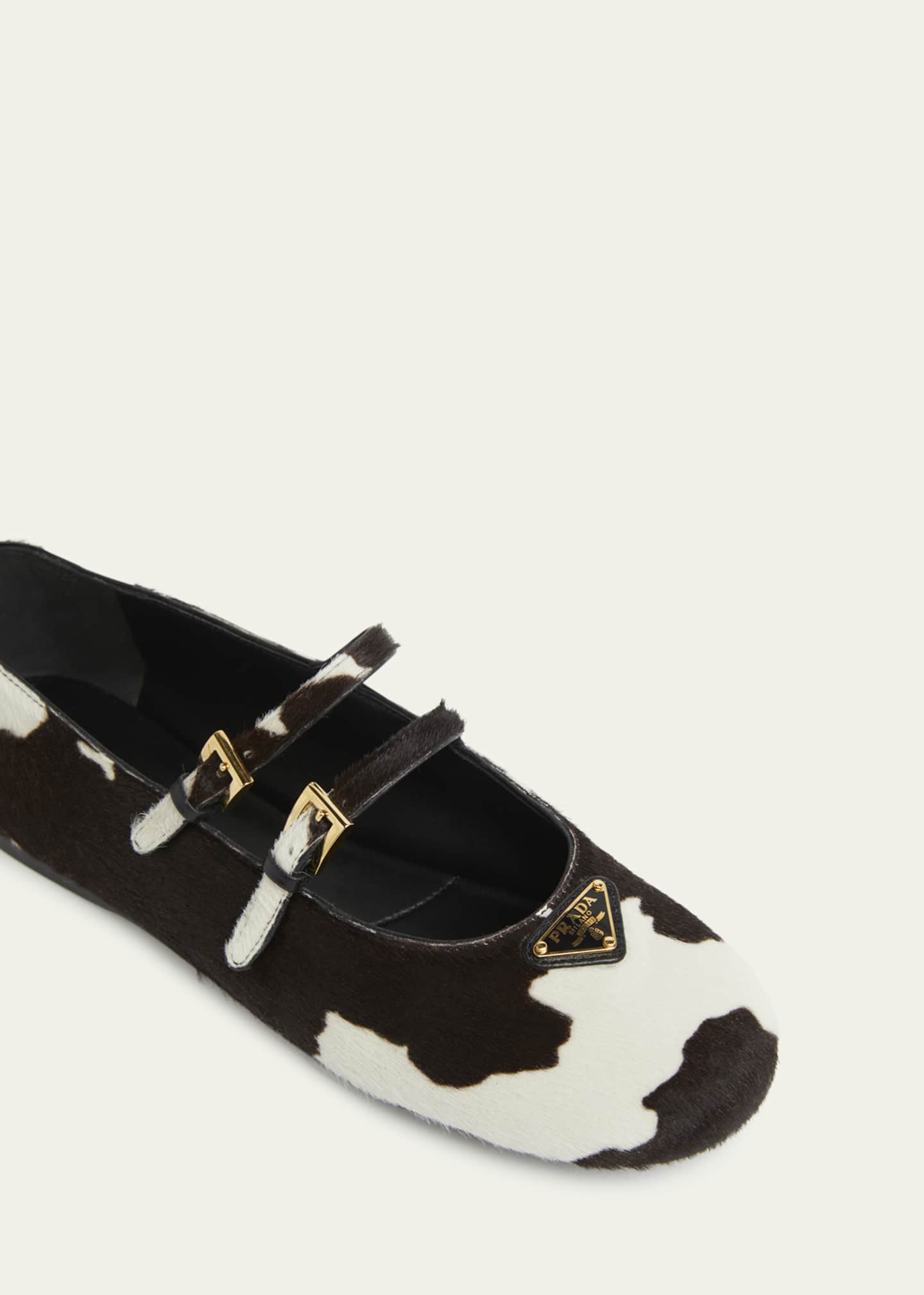 Prada Cow Hair Double Mary Jane Triangle Logo Ballerina Flats