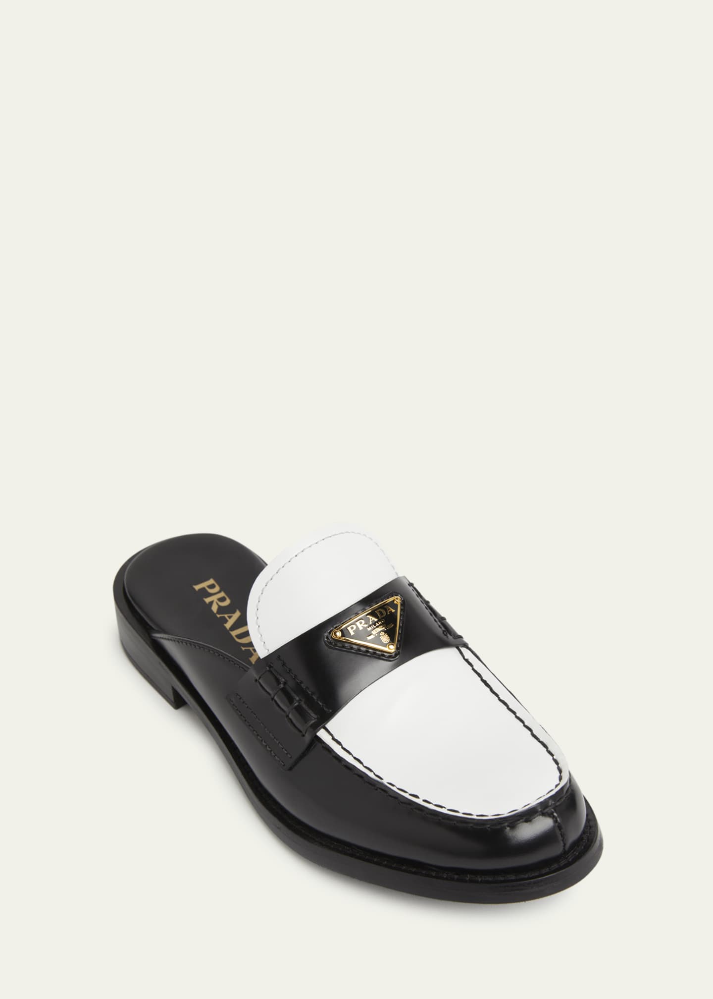 Prada Spazzolato Bicolor Triangle Logo Loafer Mules Image 3 of 4