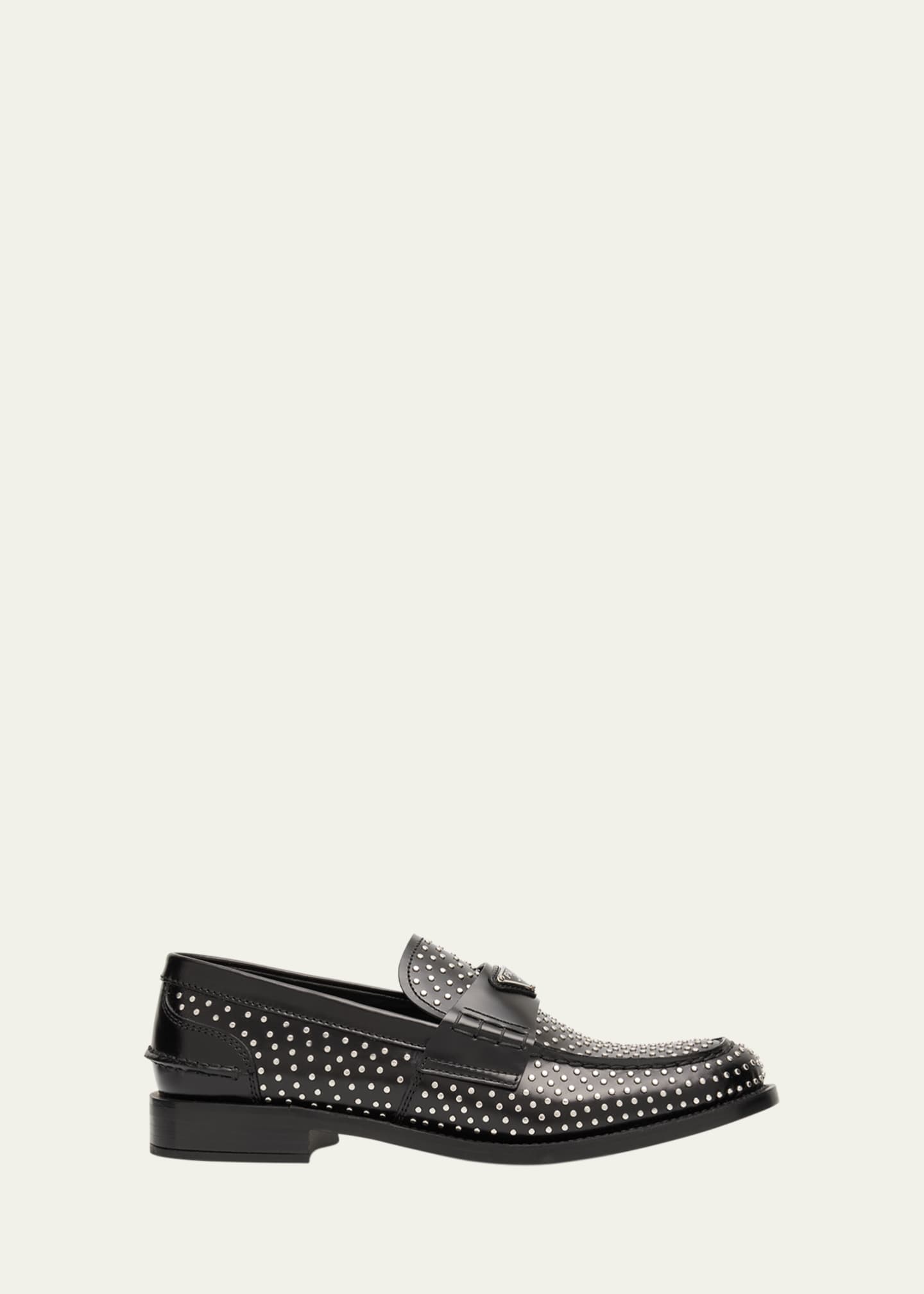Prada Spazzolato Leather Studded Loafers Image 1 of 6