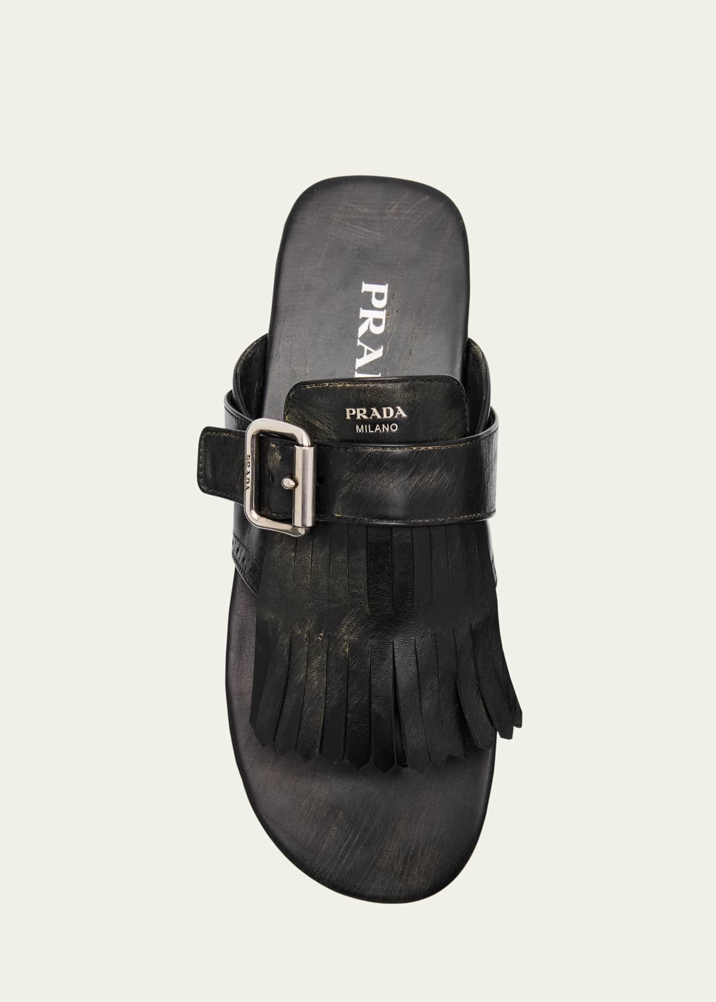 Prada Vitello Leather Fringe Buckled Thong Sandals Image 4 of 4