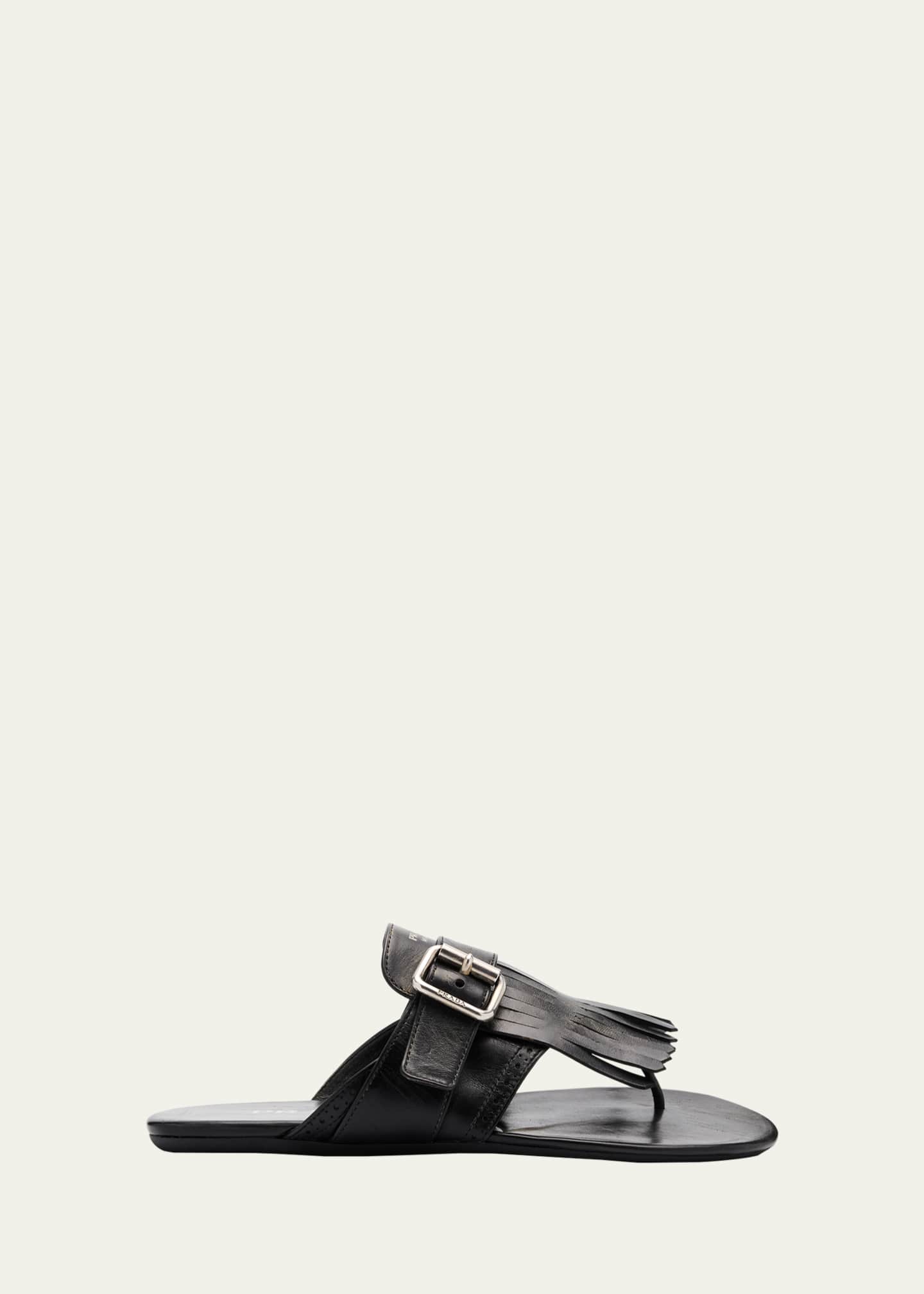 Prada Vitello Leather Fringe Buckled Thong Sandals Image 1 of 4
