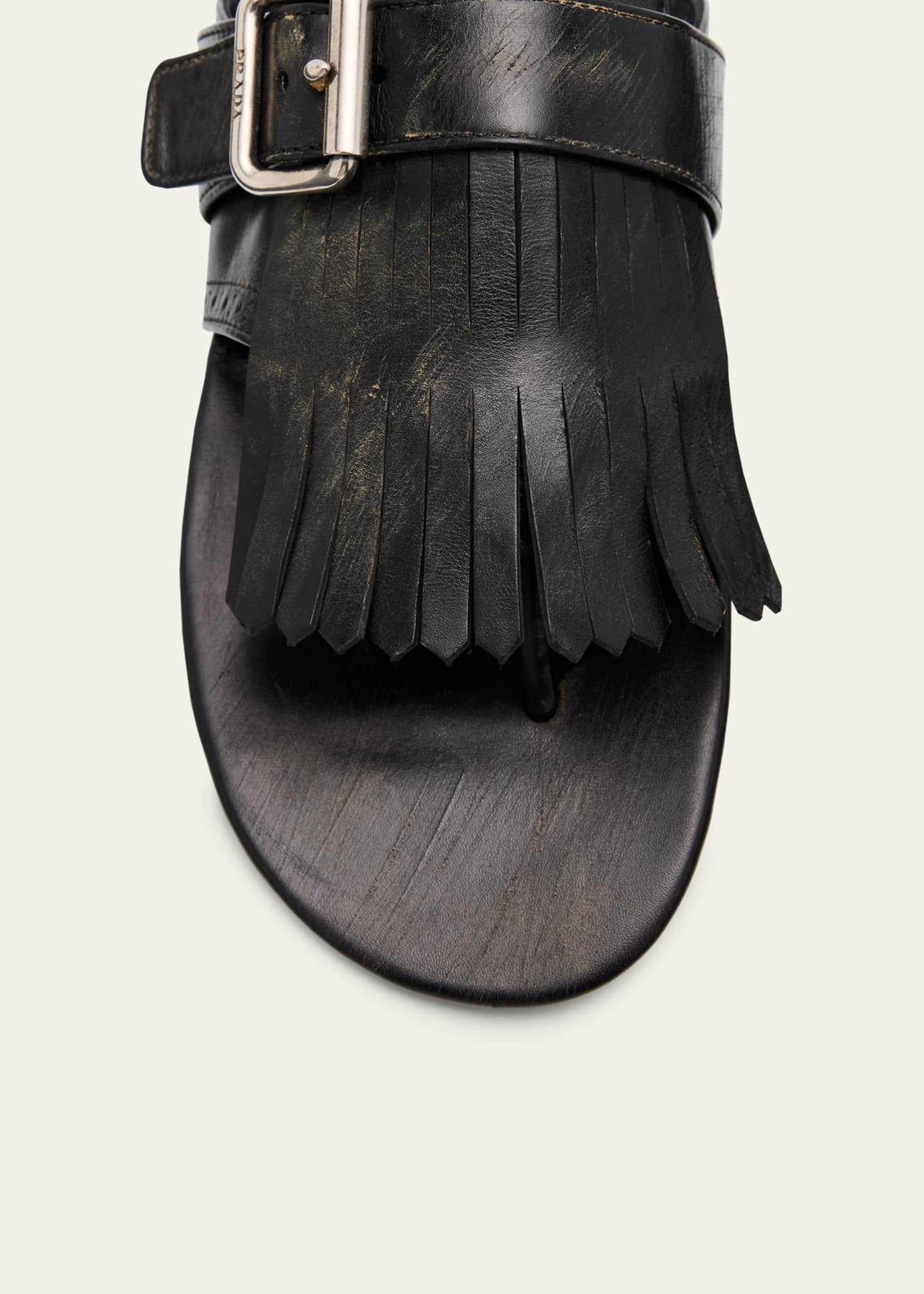 Prada Vitello Leather Fringe Buckled Thong Sandals Image 3 of 4