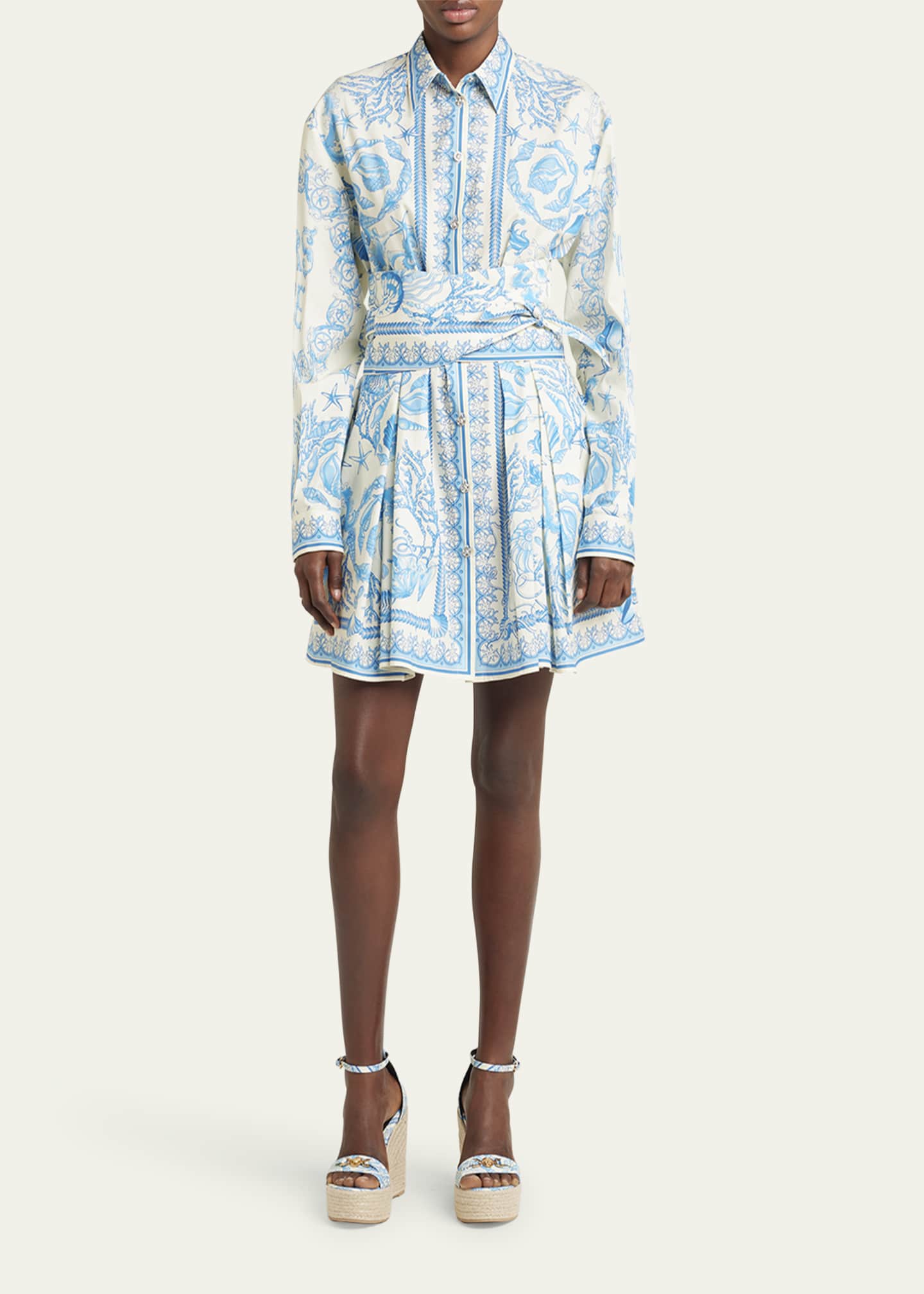 Versace Pleated Baroque Scarf-Print Mini Shirtdress Image 2 of 5