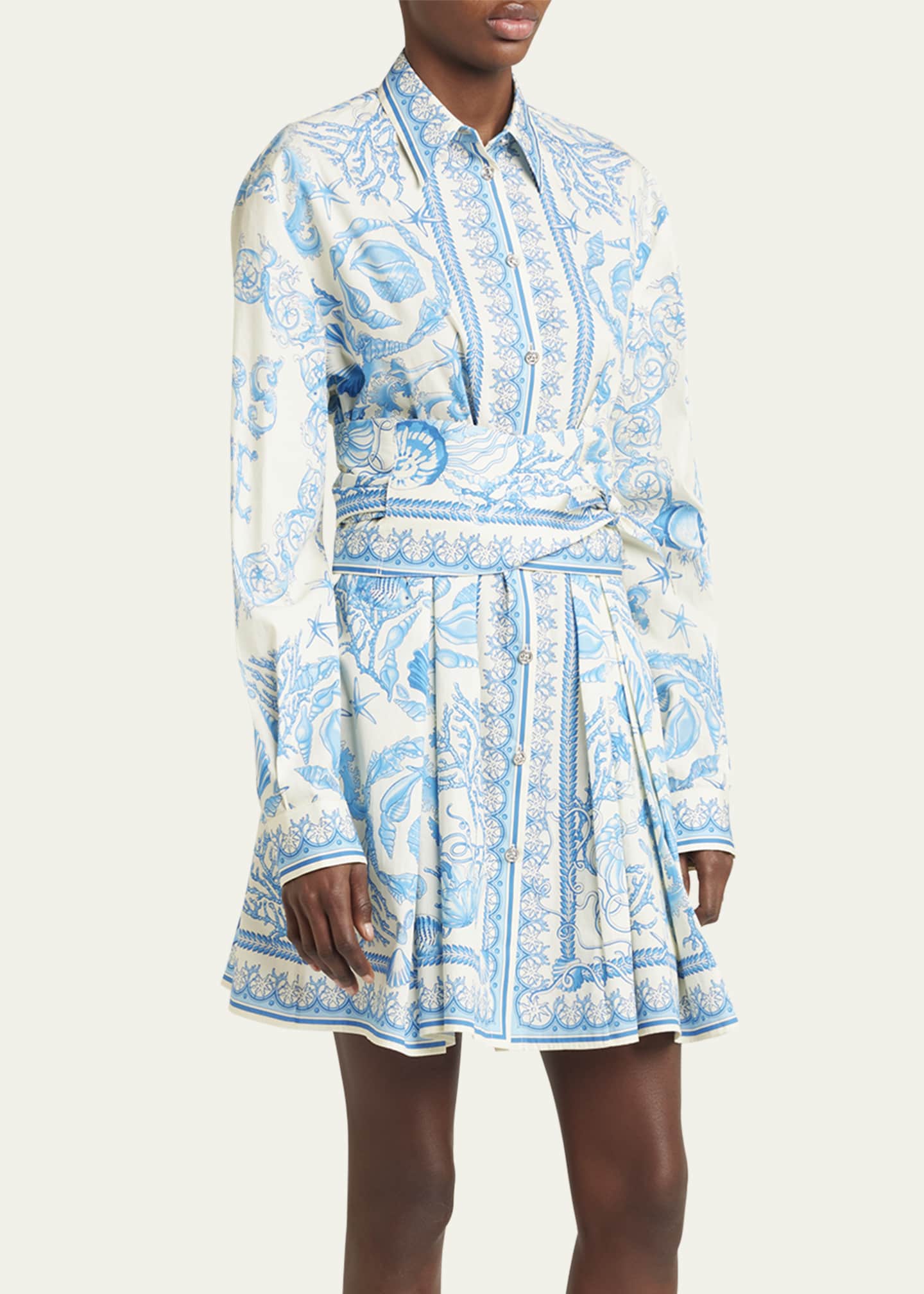 Versace Pleated Baroque Scarf-Print Mini Shirtdress Image 4 of 5