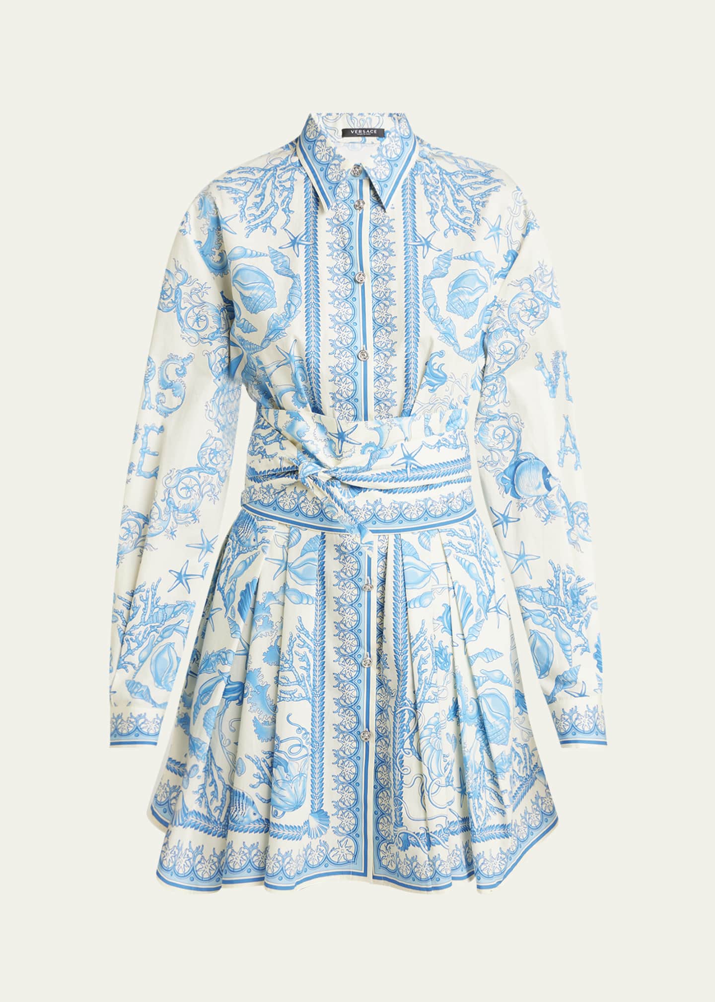 Versace Pleated Baroque Scarf-Print Mini Shirtdress Image 1 of 5