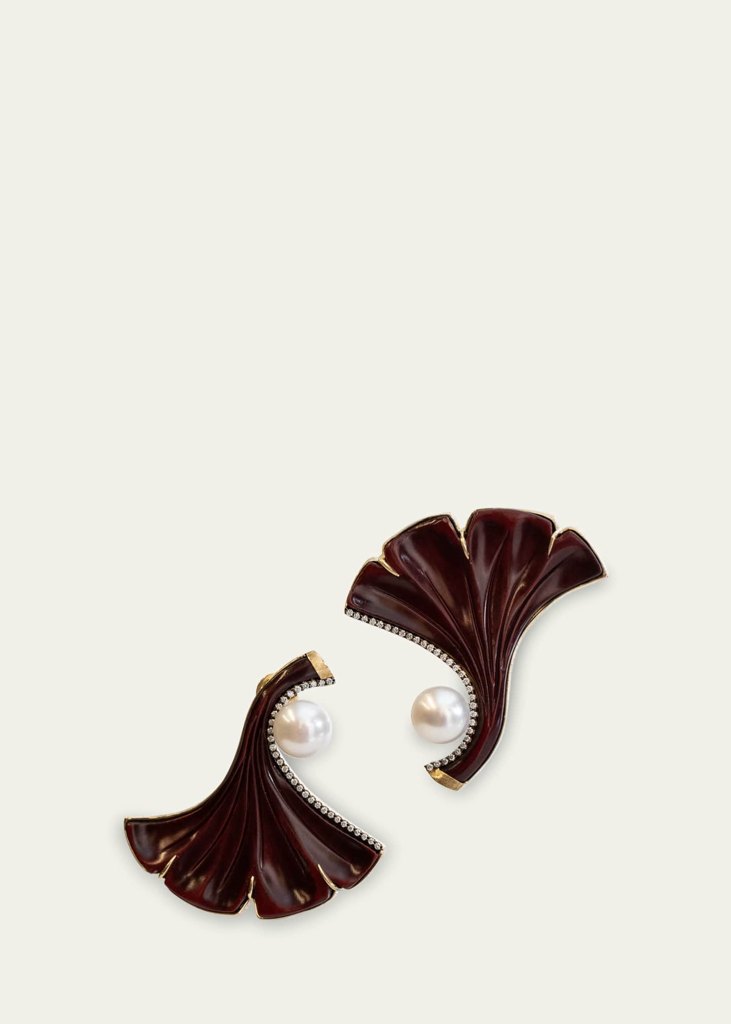 Silvia Furmanovich 18K Yellow Gold Earrings with Diamonds, Pearls and Ginkgo Leaf Lacquer Image 2 of 2