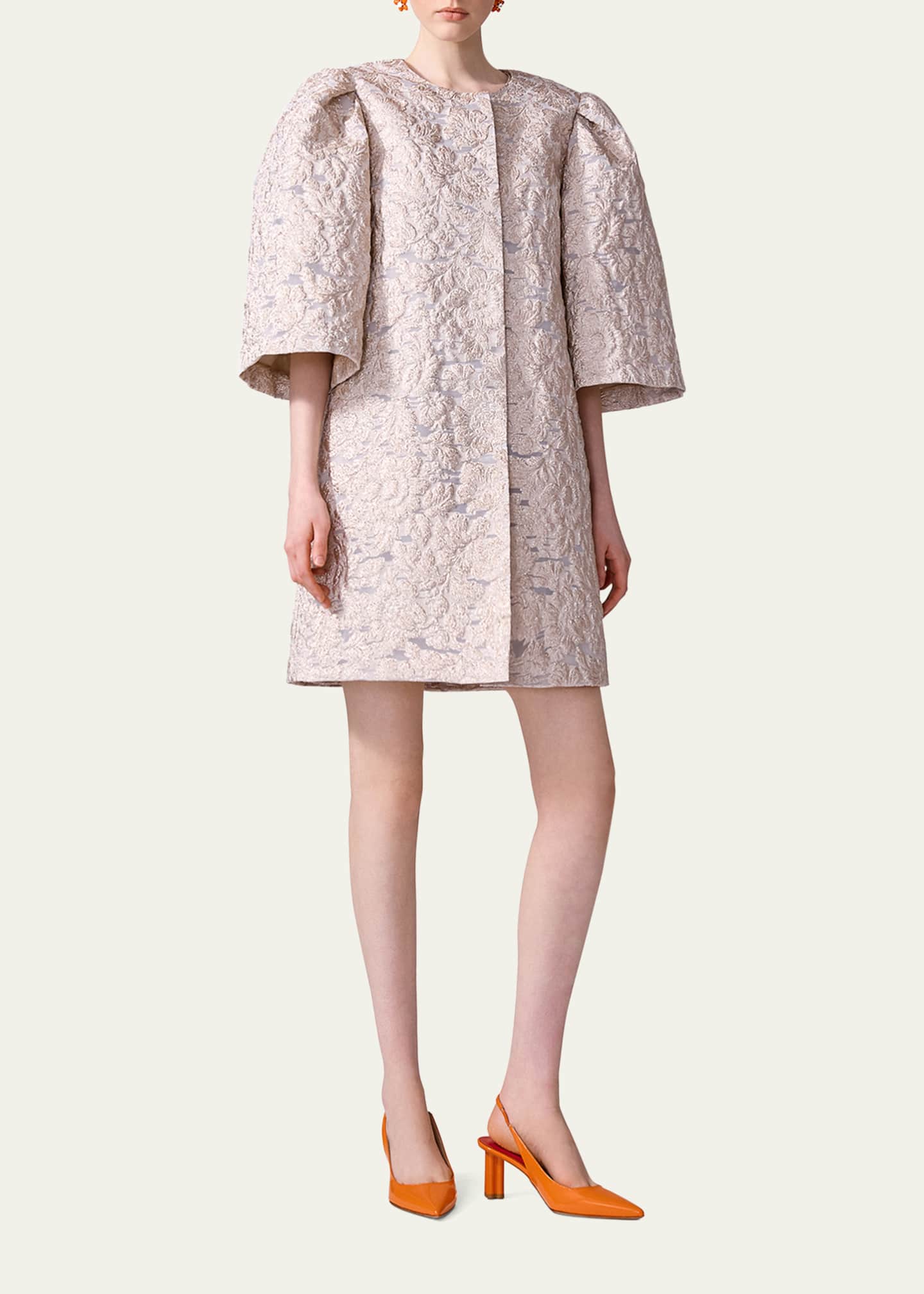 Carolina Herrera Metallic Floral Brocade 3/4-Sleeve Coat Image 2 of 4