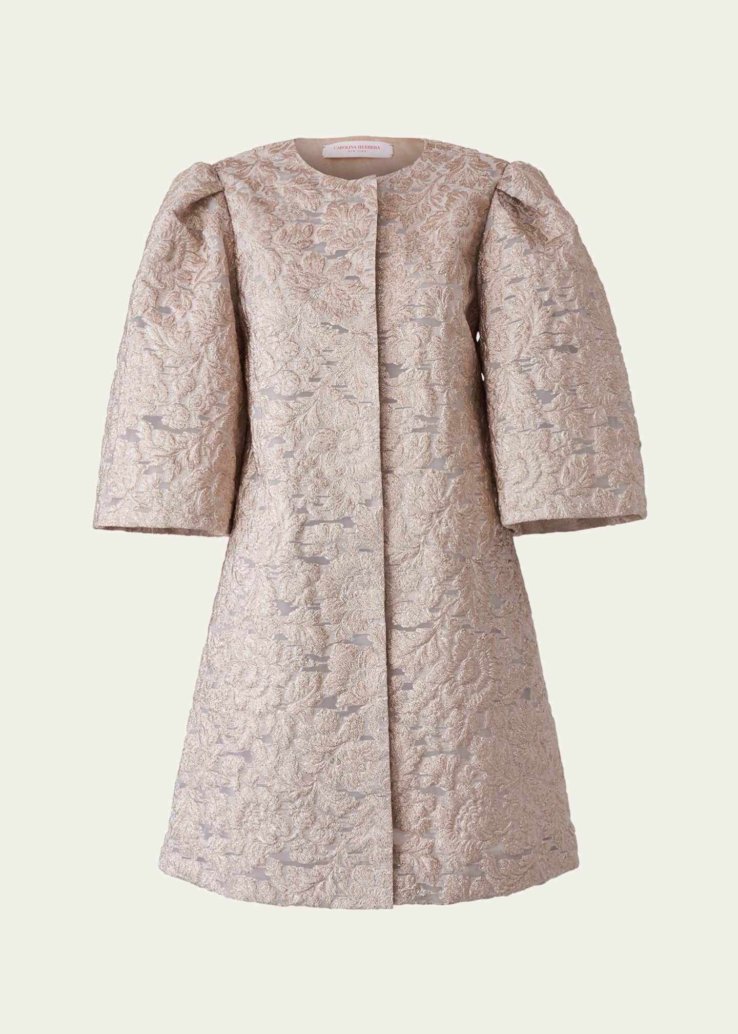 Carolina Herrera Metallic Floral Brocade 3/4-Sleeve Coat Image 1 of 4