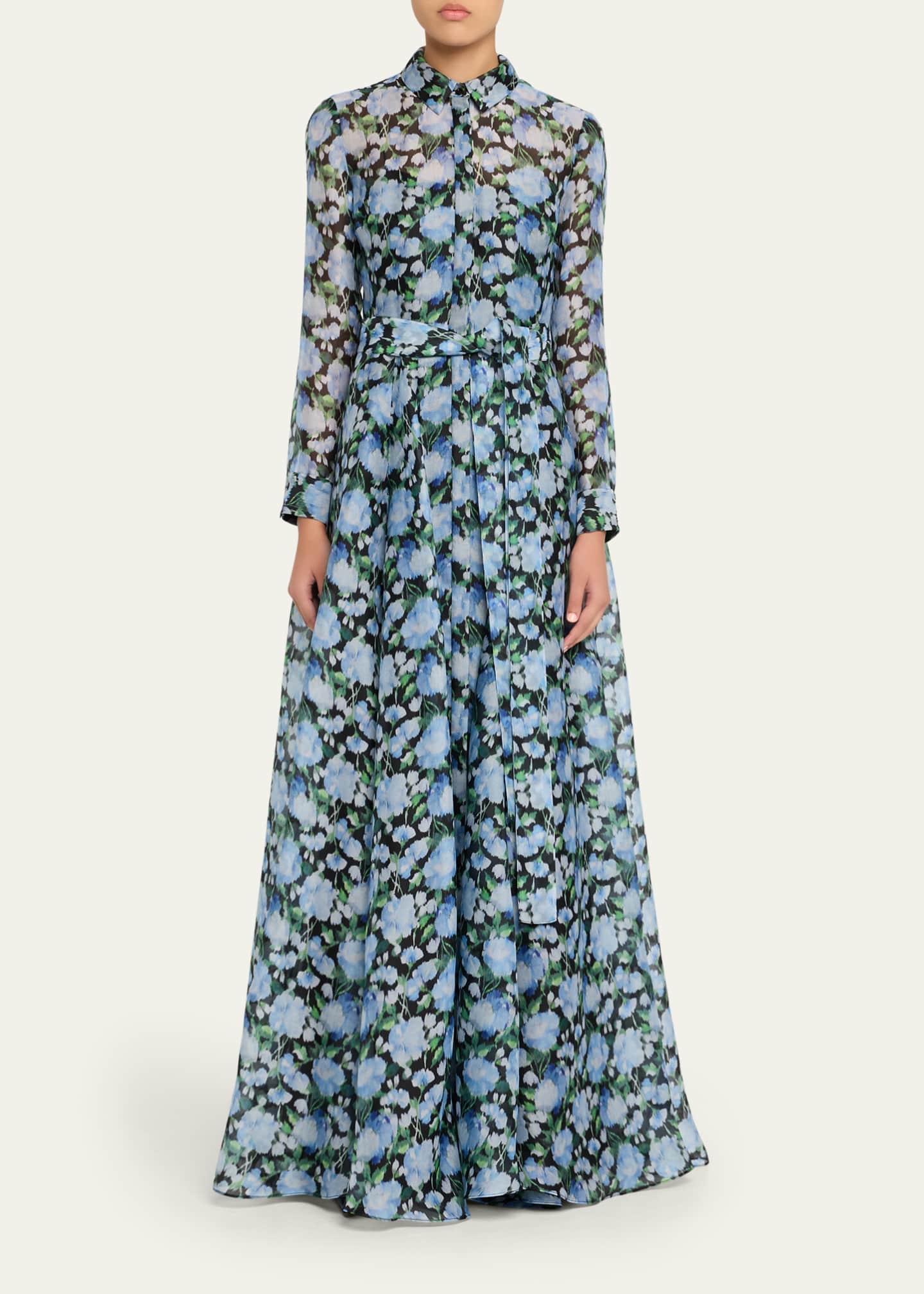 Carolina Herrera Floral Silk Long-Sleeve Trench Gown Image 2 of 5