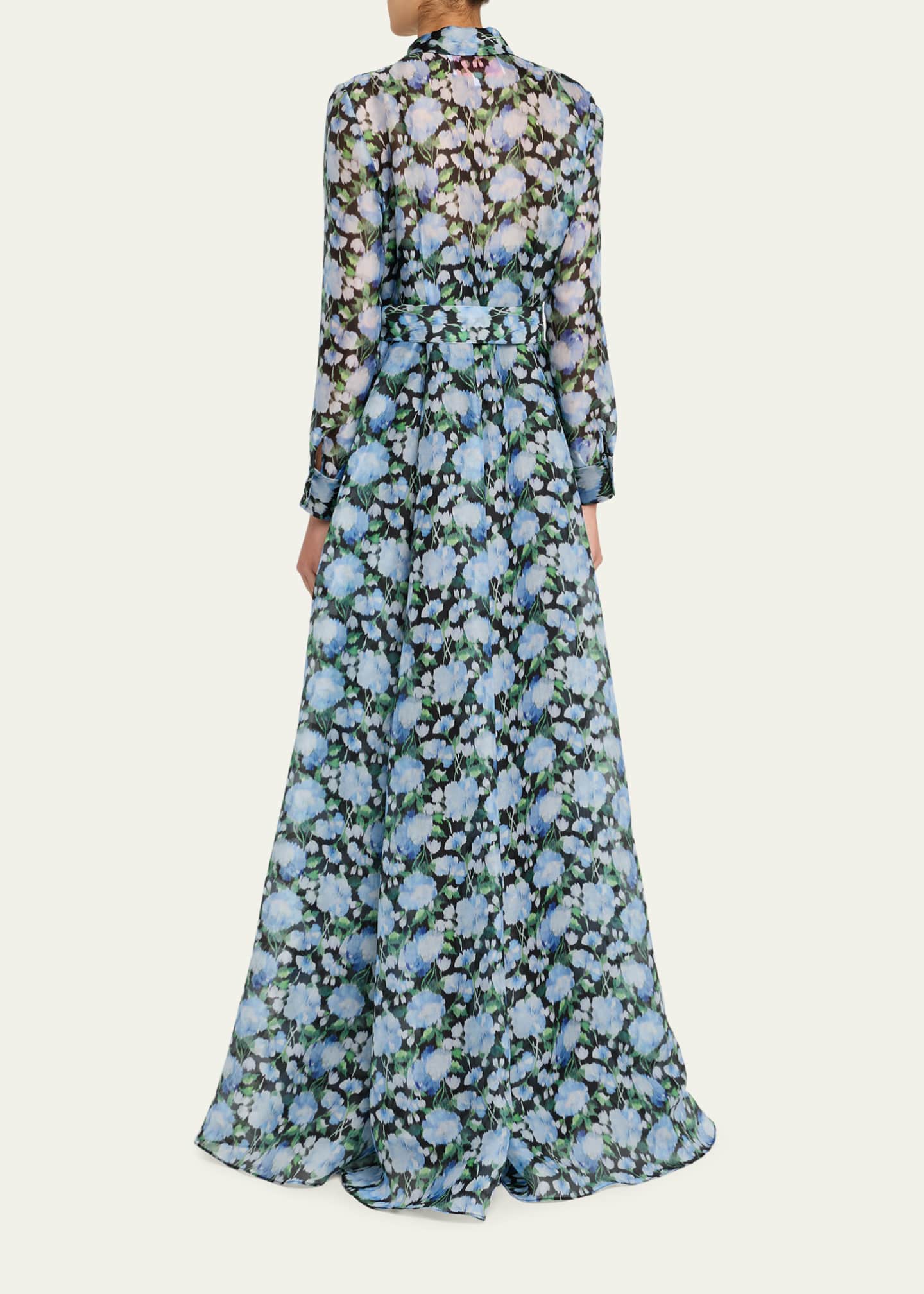 Carolina Herrera Floral Silk Long-Sleeve Trench Gown Image 3 of 5