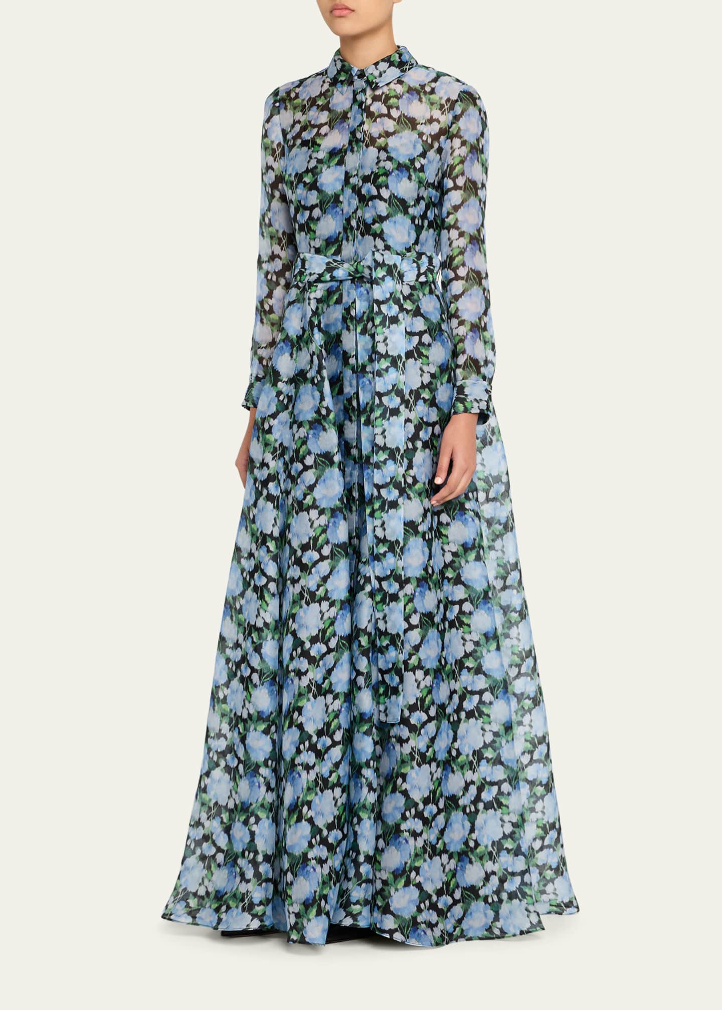 Carolina Herrera Floral Silk Long-Sleeve Trench Gown Image 4 of 5