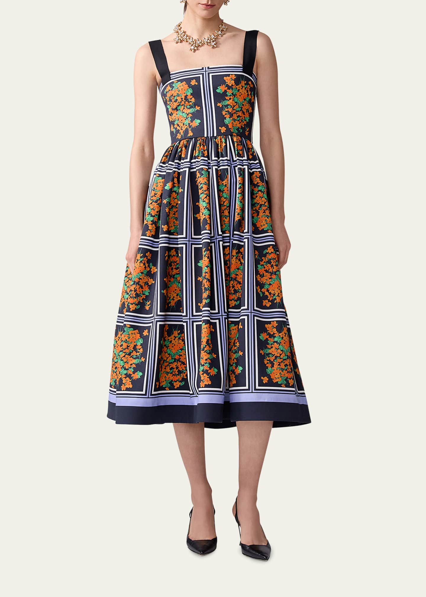 Carolina Herrera Square-Neck Sleeveless Fit-&-Flare Midi Dress Image 2 of 3