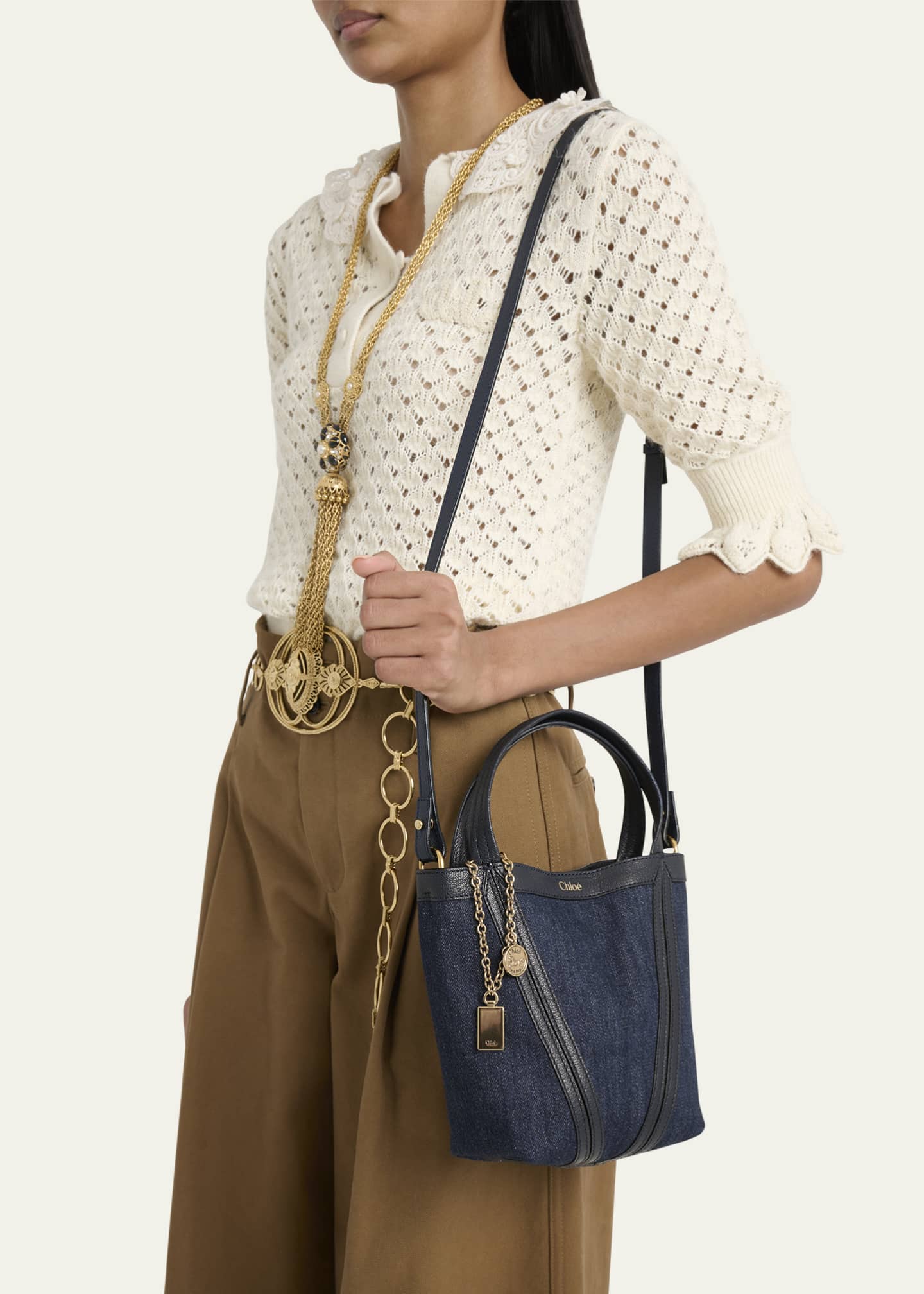 Chloe Spin Mini Bucket Tote Bag in Denim and Leather Image 2 of 6
