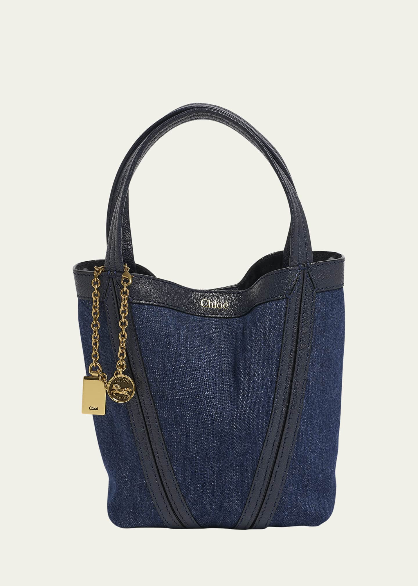 Chloe Spin Mini Bucket Tote Bag in Denim and Leather Image 1 of 6