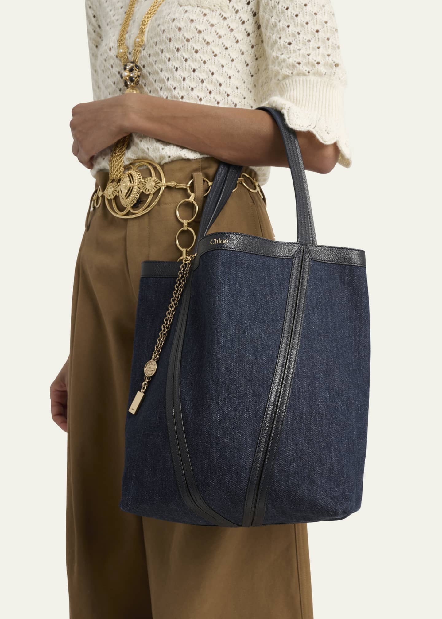 Chloe Spin Medium Tote Bag in Denim and Leather Image 2 of 6
