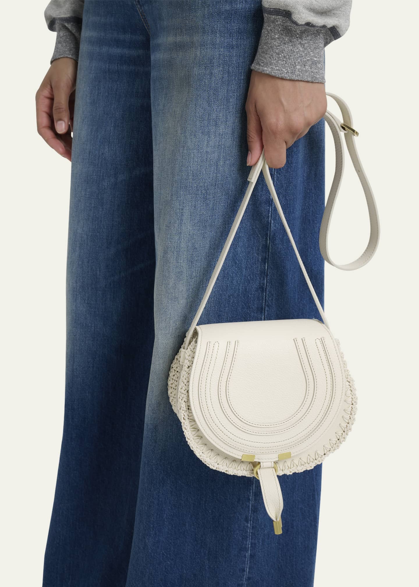 Chloe Marcie Flap Saddle Crossbody Bag in Crochet Fabric and Leather Image 2 of 6