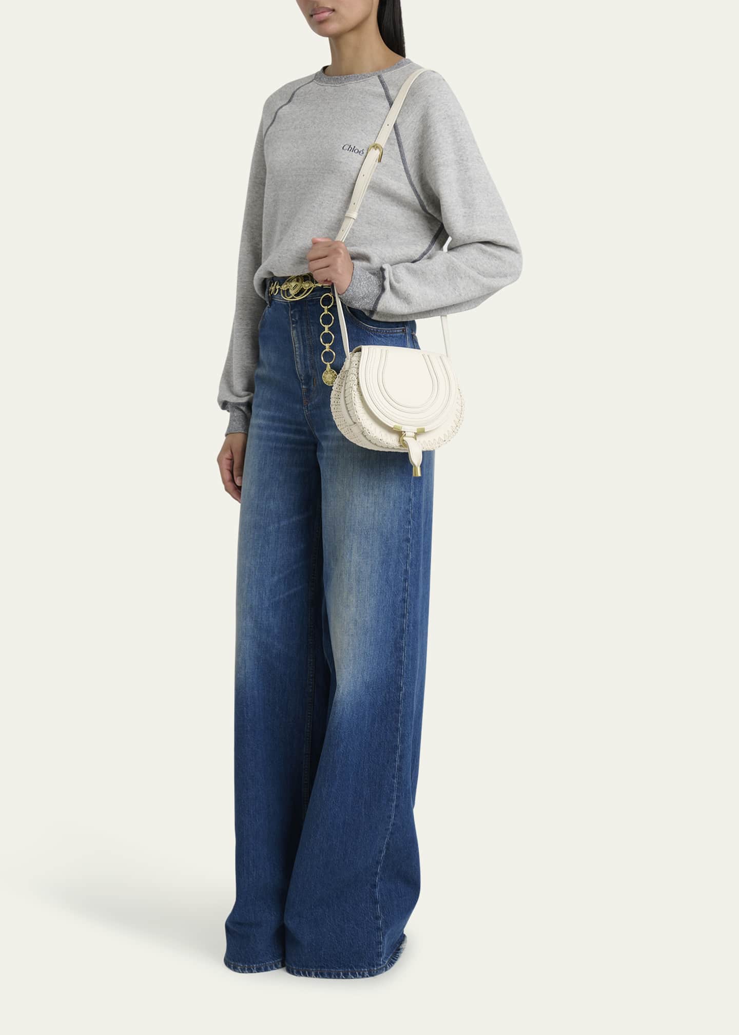 Chloe Marcie Flap Saddle Crossbody Bag in Crochet Fabric and Leather Image 5 of 6