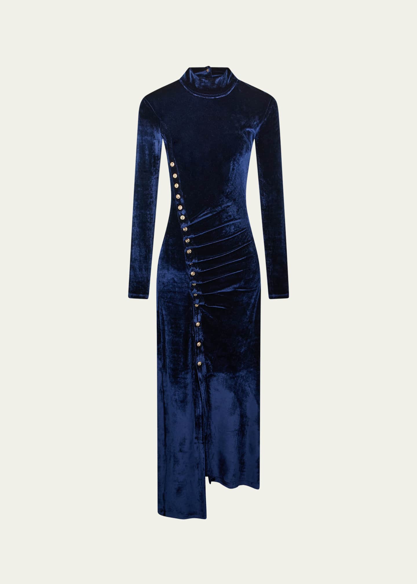 Rabanne Mock-Neck Asymmetric Ruched Velvet Midi Dress