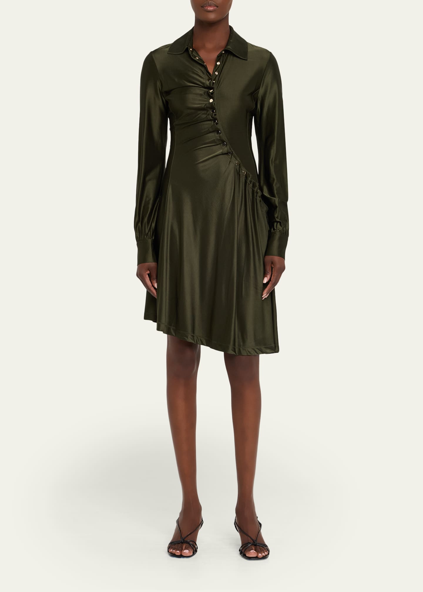 Rabanne Ruched Button Long-Sleeve Mini Shirtdress Image 2 of 5