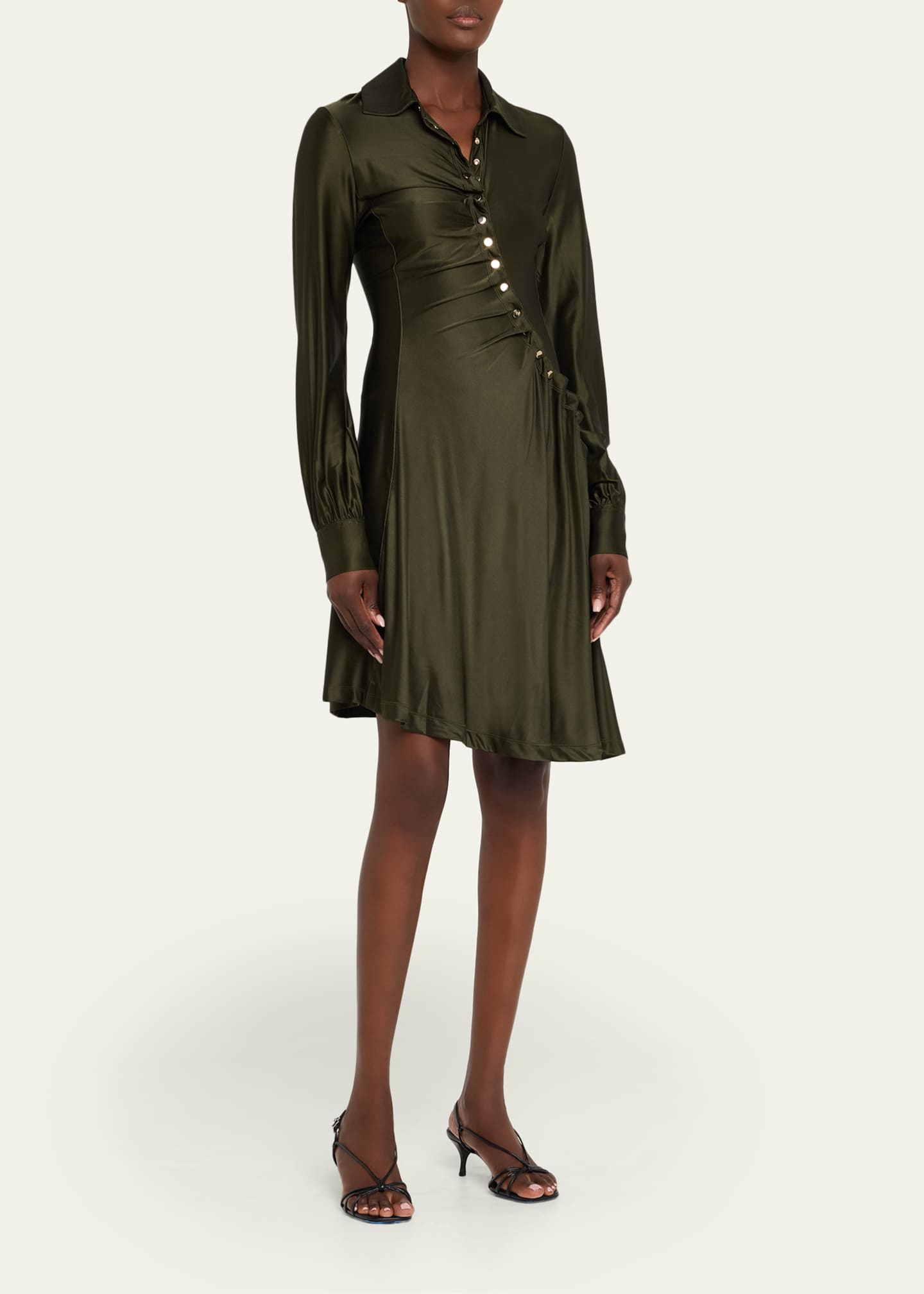 Rabanne Ruched Button Long-Sleeve Mini Shirtdress Image 4 of 5