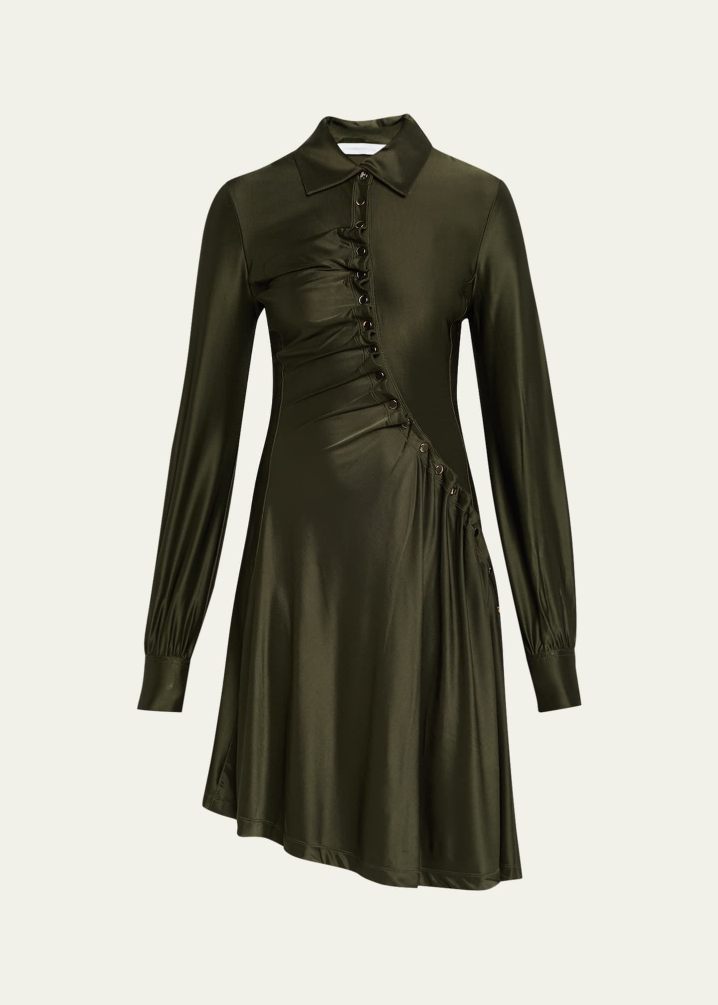 Rabanne Ruched Button Long-Sleeve Mini Shirtdress