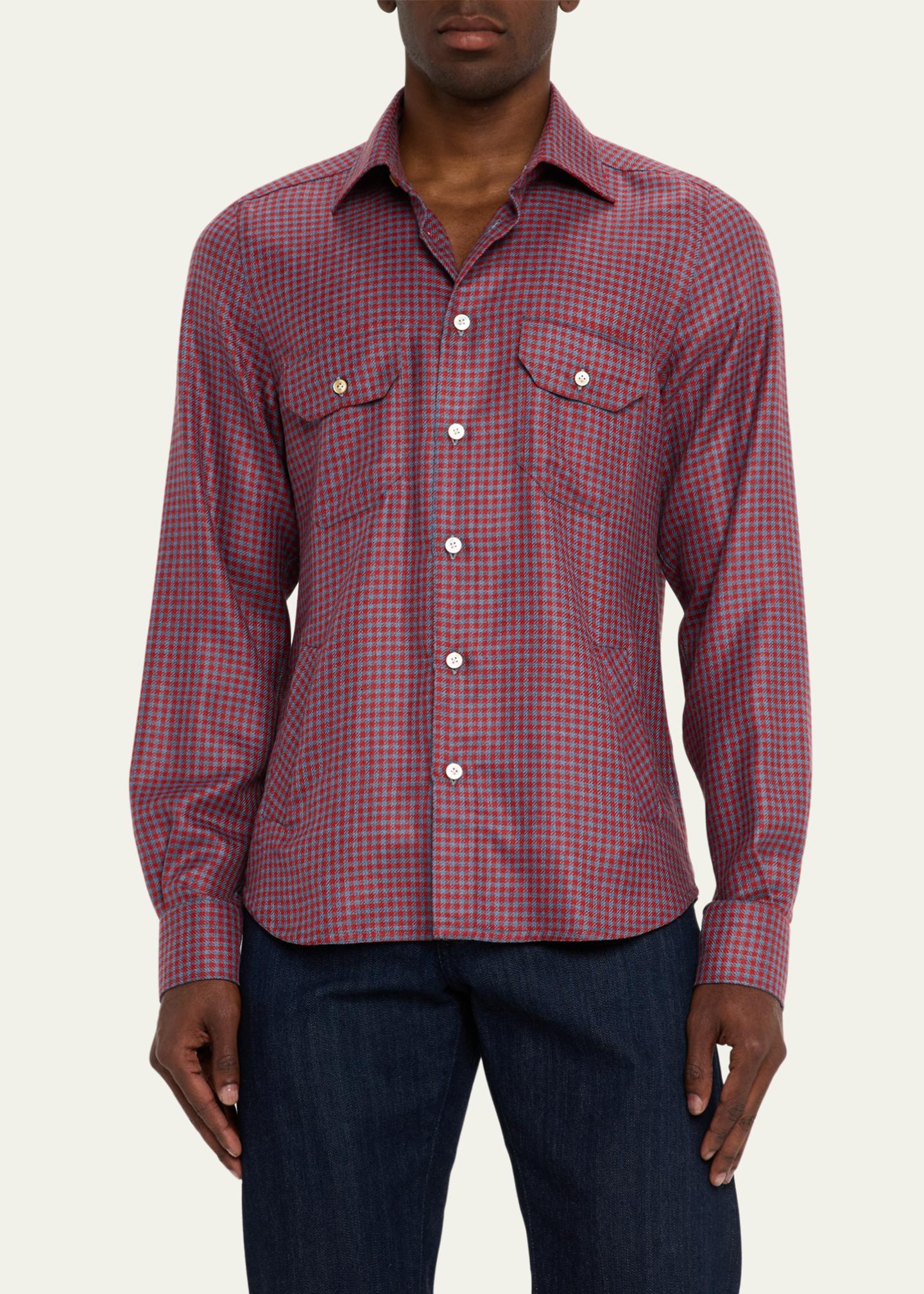 Kiton Men's Cashmere and Silk Small Check Overshirt - Bergdorf Goodman