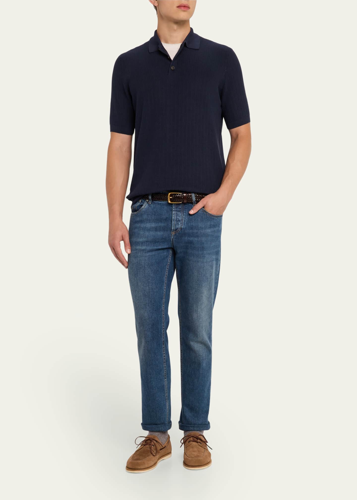 Brunello Cucinelli Men's Cotton Textured Polo Shirt Image 2 of 5