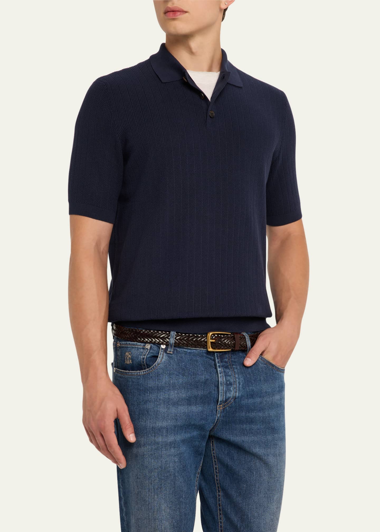 Brunello Cucinelli Men's Cotton Textured Polo Shirt Image 4 of 5