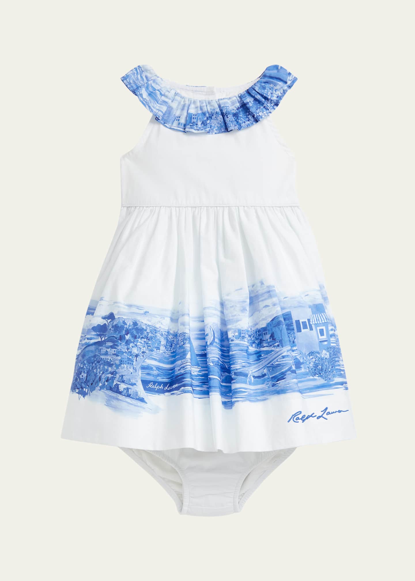 Ralph Lauren Childrenswear Girl's Seaside-Print Dress W/ Bloomers, Size 9M-24M Image 1 of 3