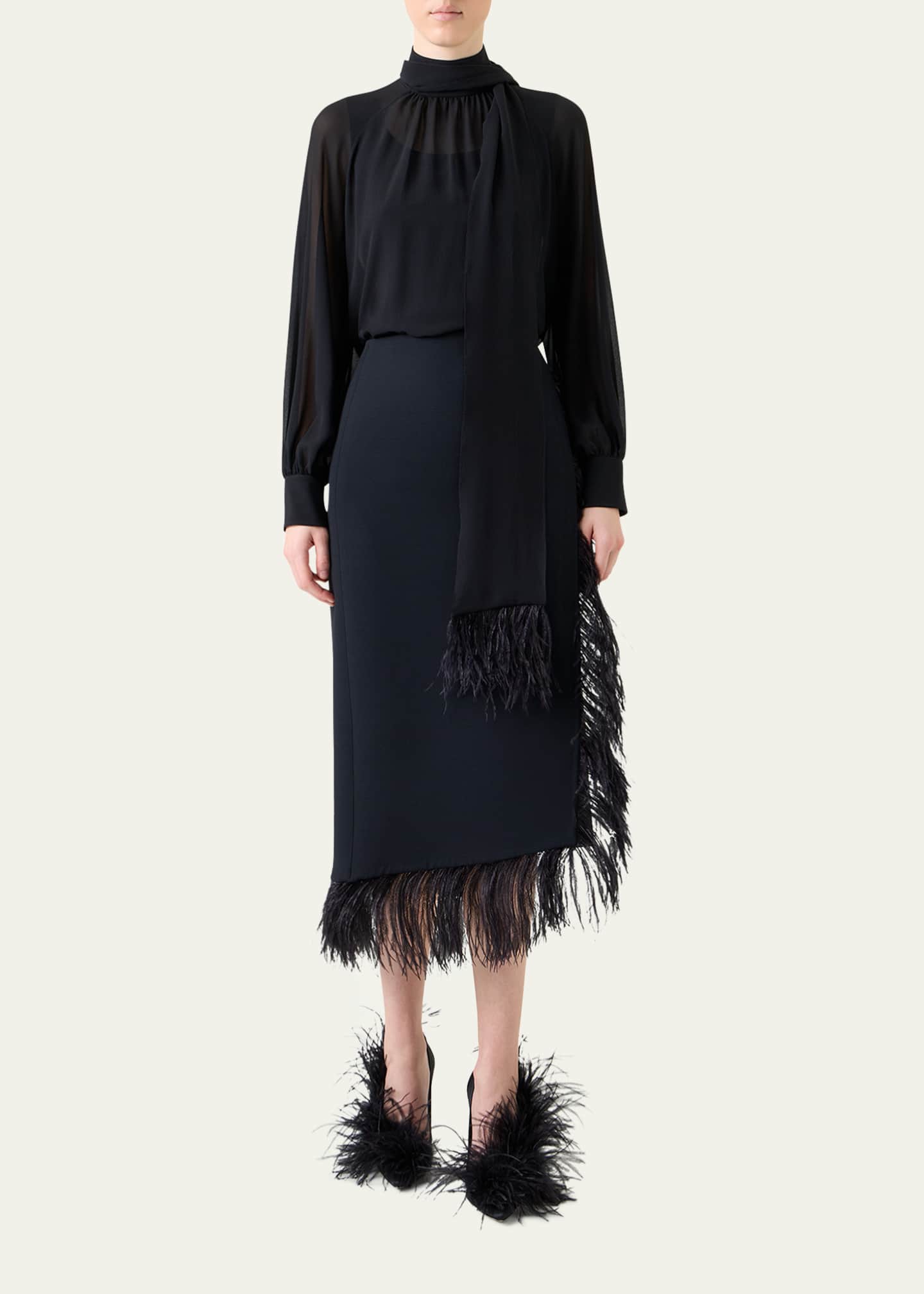 Akris Feather-Trim Wool Stretch Double Face Midi Wrap Skirt Image 2 of 5
