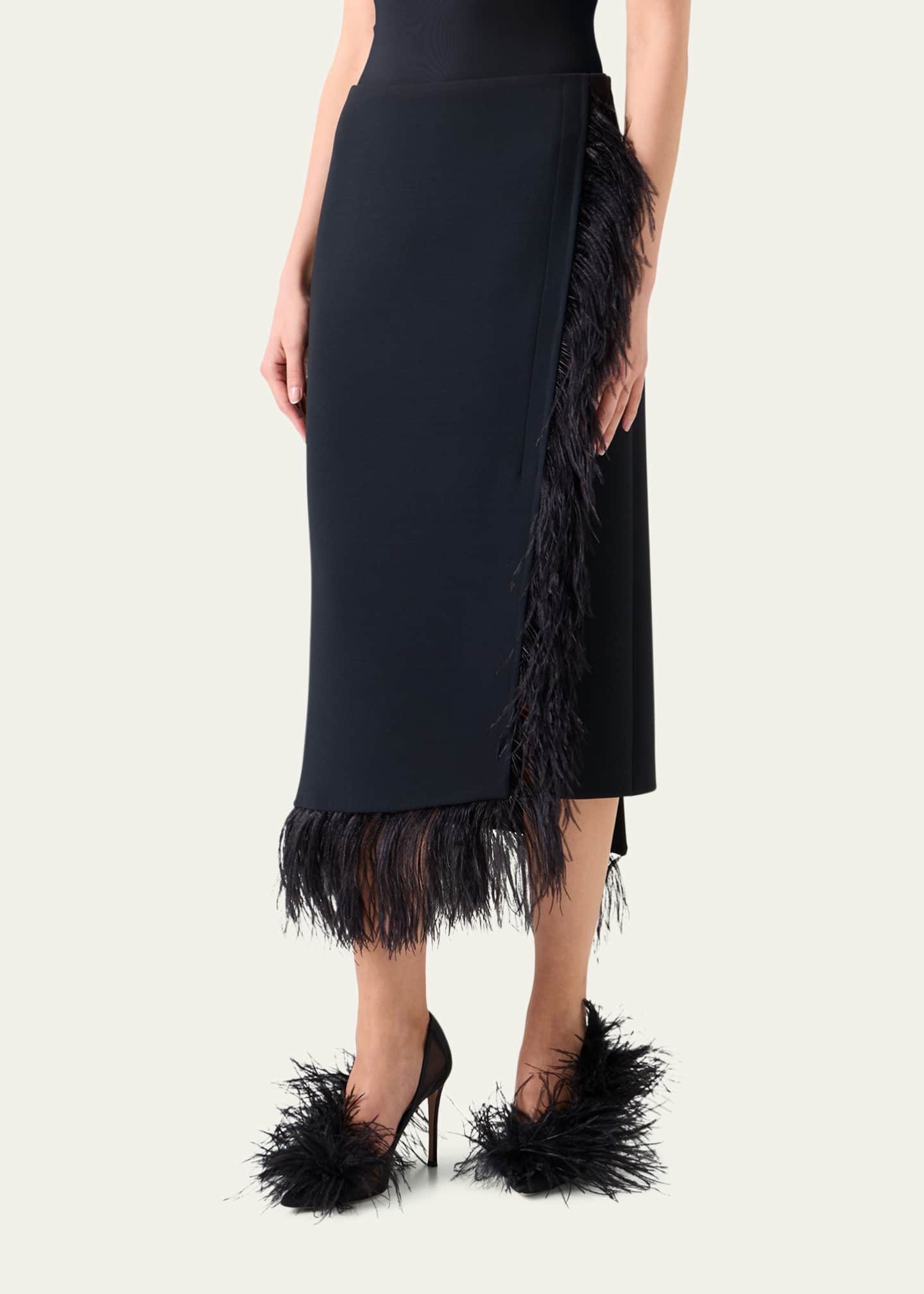 Akris Feather-Trim Wool Stretch Double Face Midi Wrap Skirt Image 4 of 5