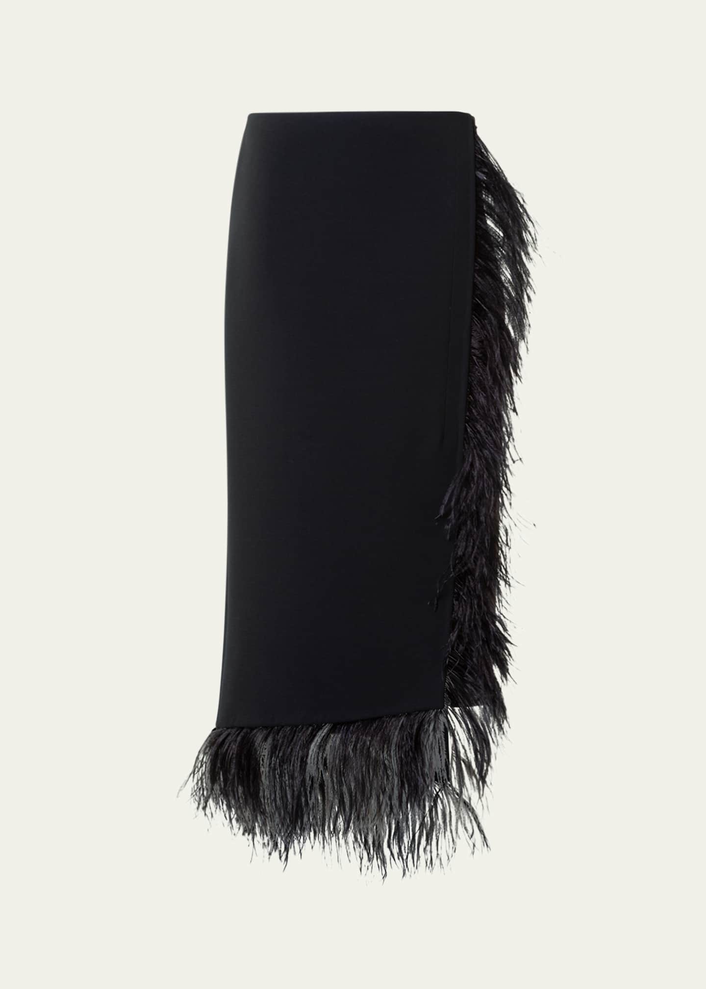 Akris Feather-Trim Wool Stretch Double Face Midi Wrap Skirt Image 1 of 5